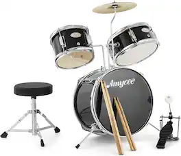 GARVEE - 3-Piece Drum Set with Bass Drum, Tom, Cymbal, Sticks, Pedal & Stool, Beginner Percussion Kit, Black