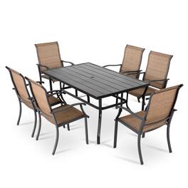 Nuu Garden - Outdoor 7-Piece Iron Dining Set, 6 Textilene Dining Chairs and Rectangle Dining Table with Umbrella Hole - Black and Brown