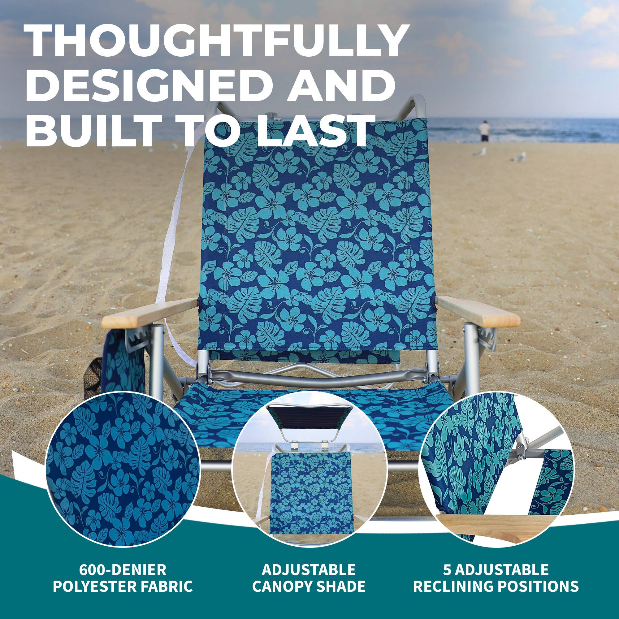 THOUGHTFULLY DESIGNED AND BUILT TO LAST

- 600-DENIER POLYESTER FABRIC
- ADJUSTABLE CANOPY SHADE
- 5 ADJUSTABLE RECLINING POSITIONS