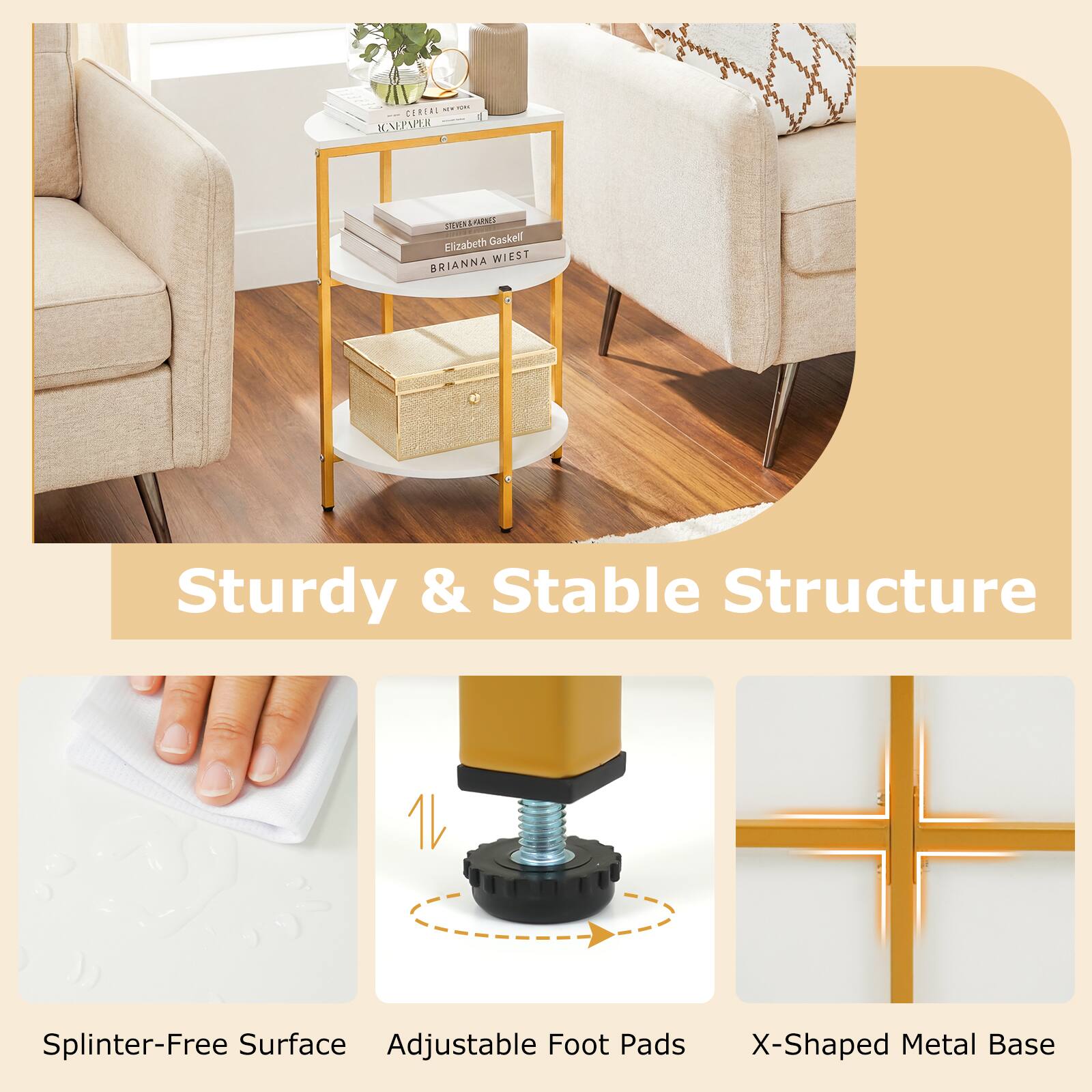 Sturdy & Stable Structure

Splinter-Free Surface

Adjustable Foot Pads

X-Shaped Metal Base