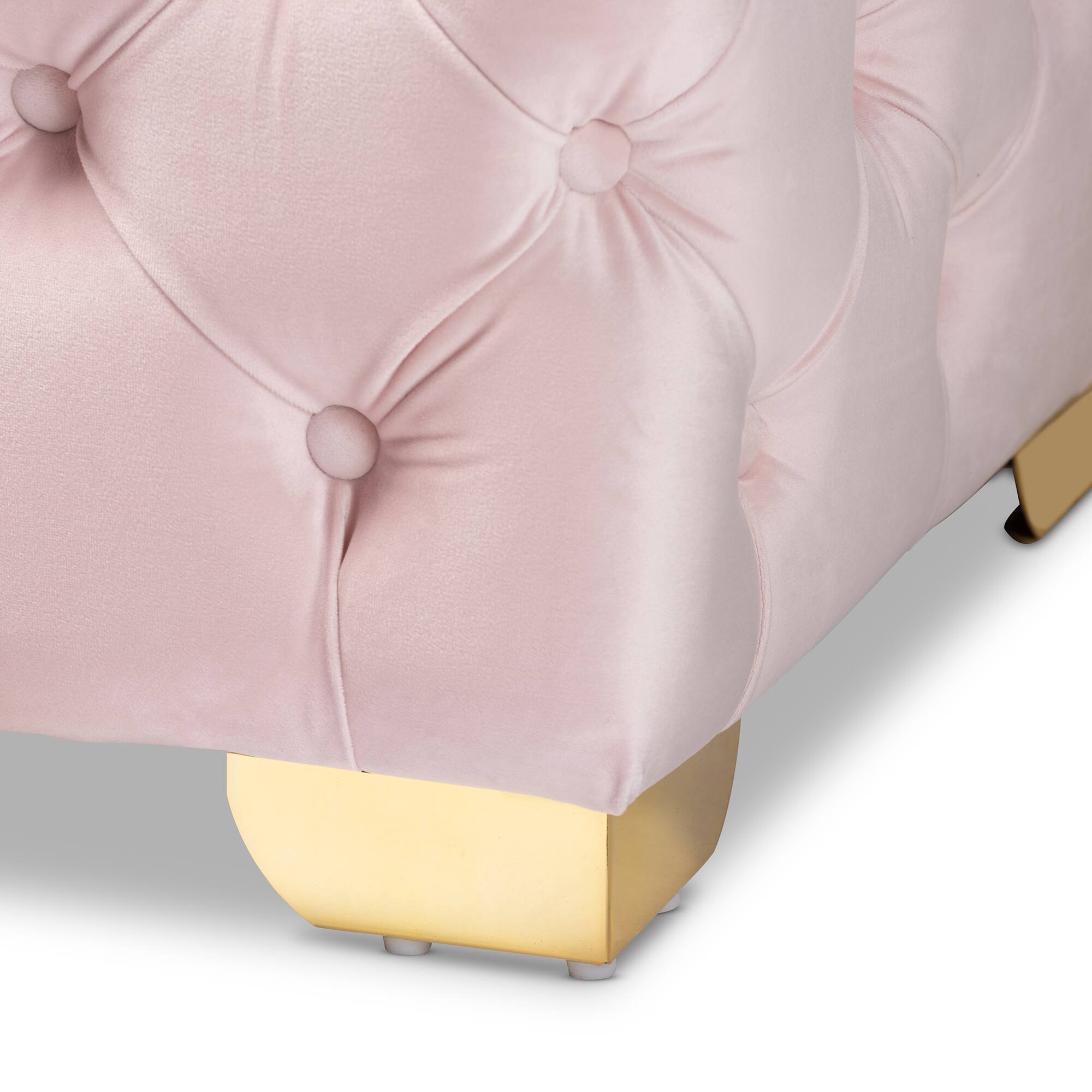 Alt View 1. Baxton Studio - Avara Glam and Luxe Velvet Fabric Upholstered Gold Finished Button Tufted Bench Ottoman - Light Pink/Gold.
