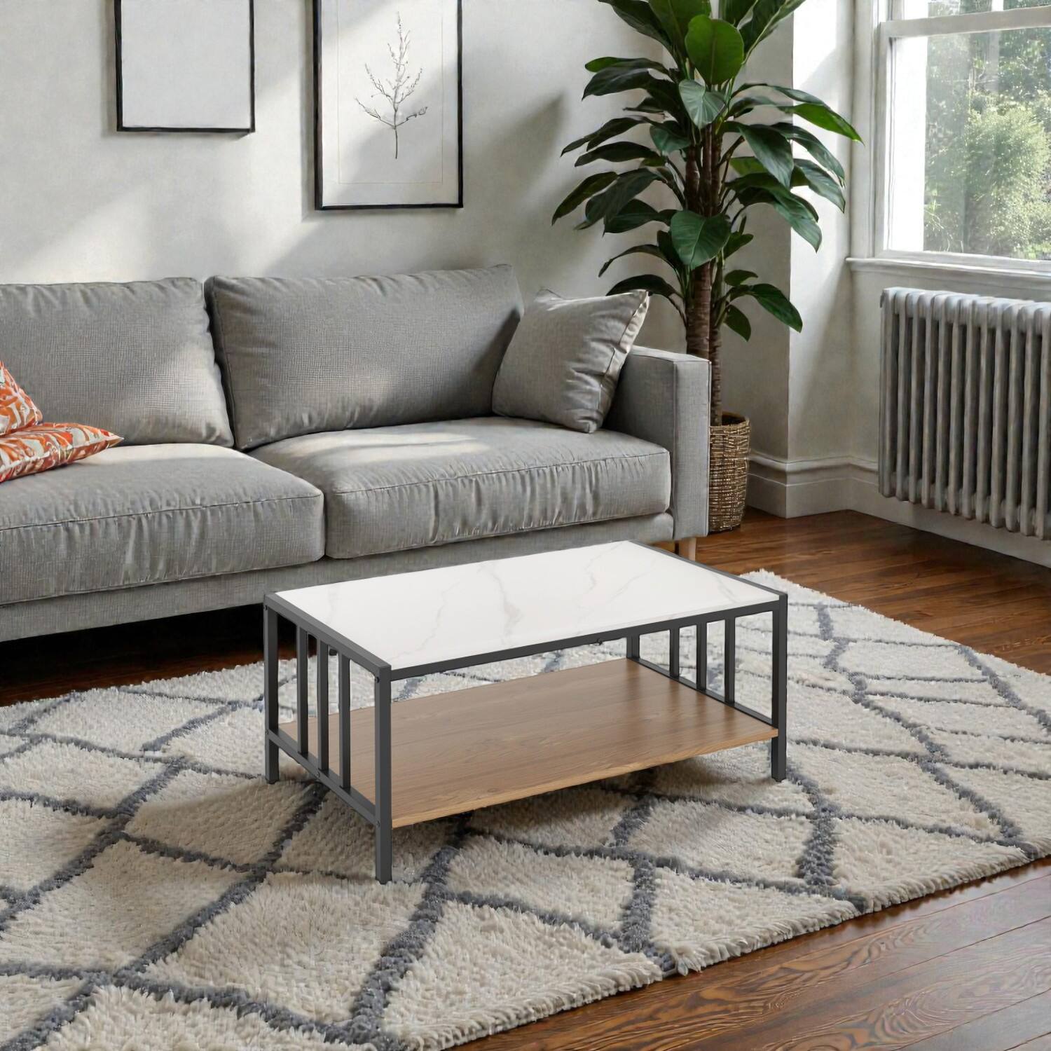 Front. Hivvago - Functional 2-Tier Center Table with Premium Sintered Stone Surface - White, Black, Natural.