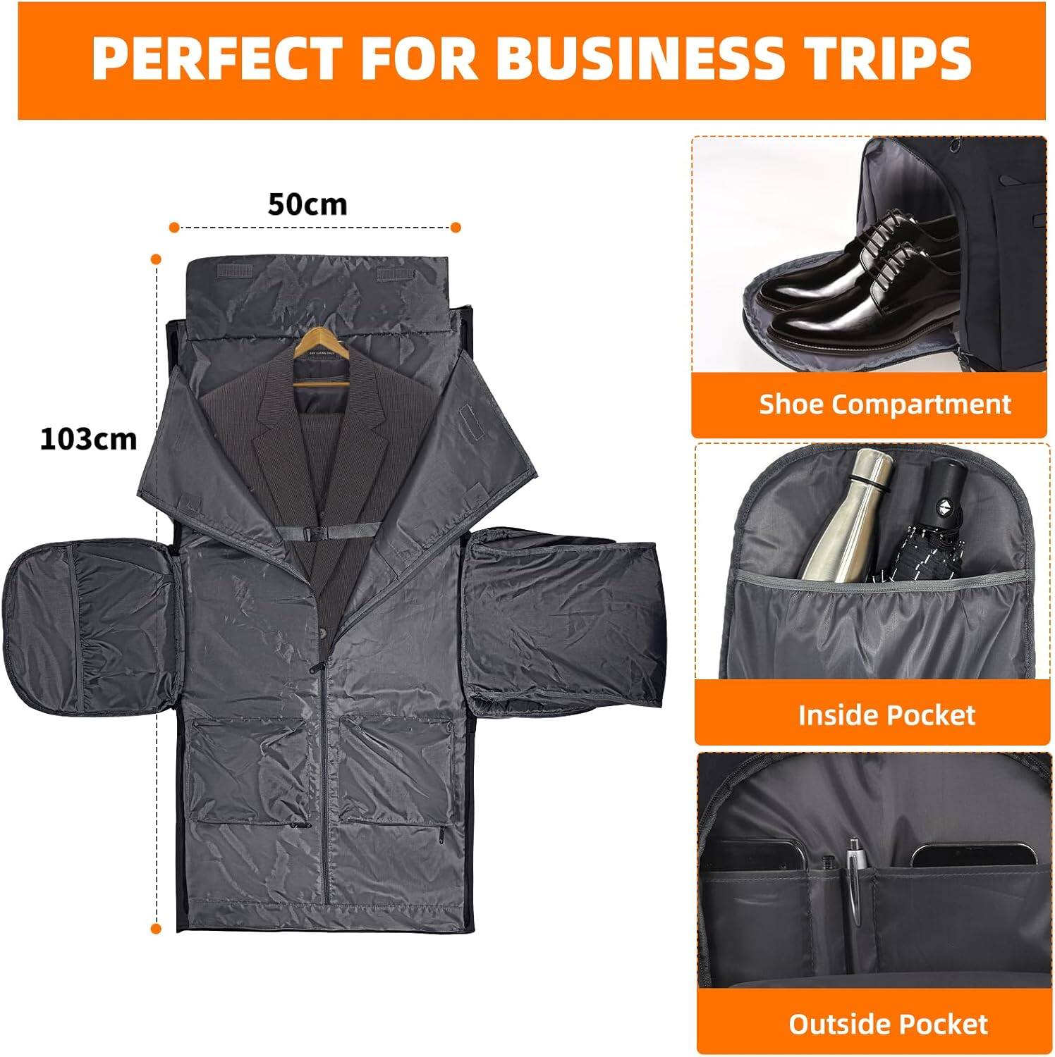 PERFECT FOR BUSINESS TRIPS

50cm  
103cm

Shoe Compartment

Inside Pocket

Outside Pocket