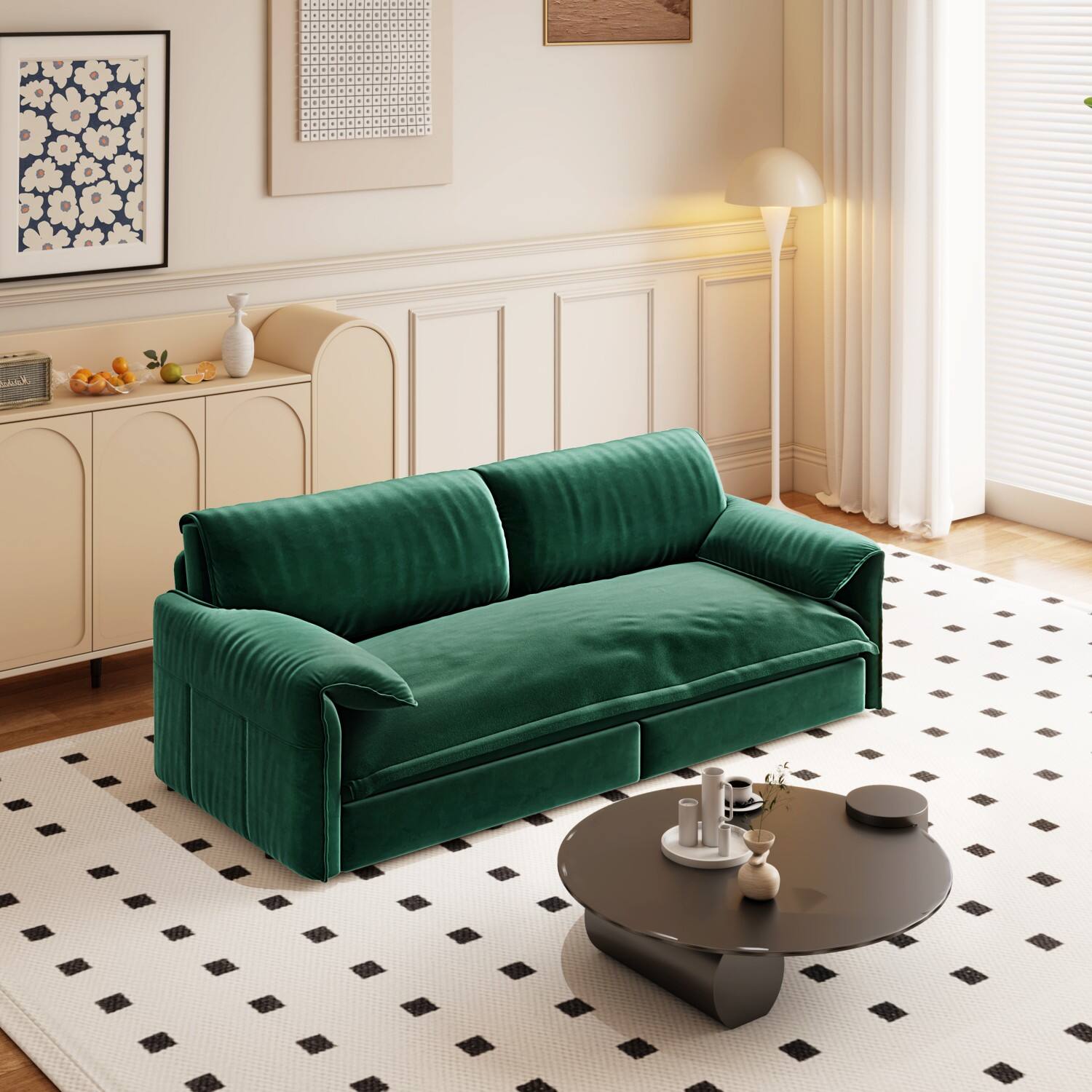 Angle. Anysun - 66" 3-in-1 Velvet Pull-Out Sofa Bed - Queen Sleeper with Side Storage for Living Room, Bedroom, Apartment & Office. - Green.