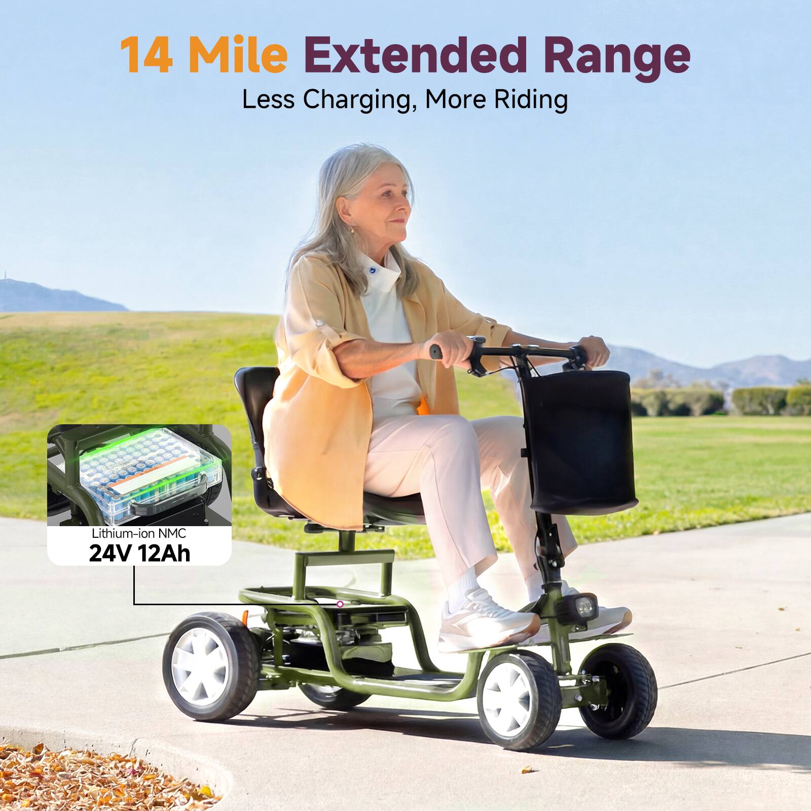 14 Mile Extended Range  
Less Charging, More Riding  

Lithium-ion NMC  
24V 12Ah