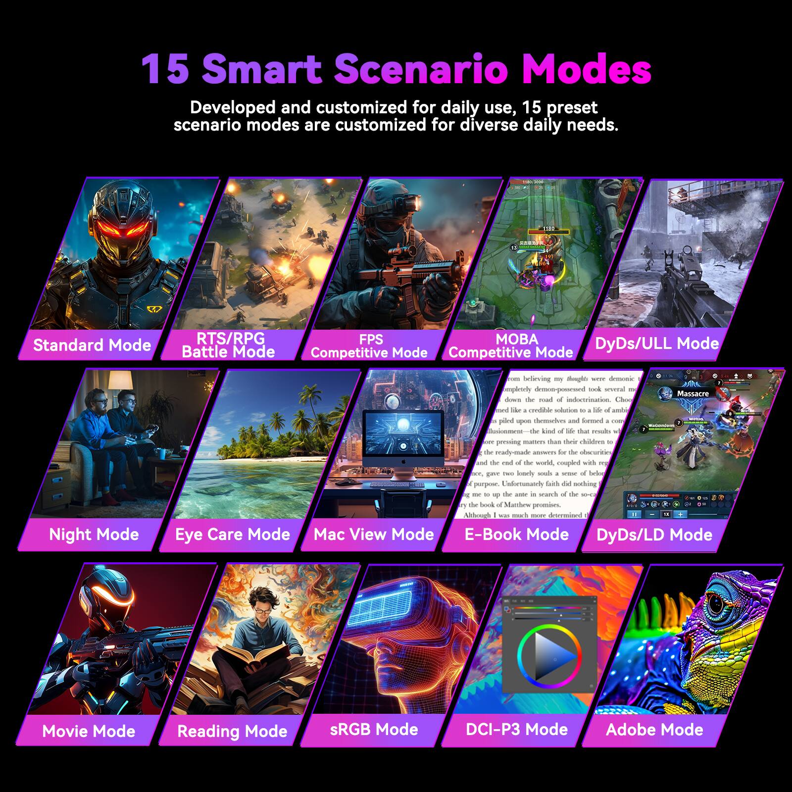 15 Smart Scenario Modes

Developed and customized for daily use, 15 preset scenario modes are customized for diverse daily needs.

- Standard Mode
- RTS/RPG Battle Mode
- FPS Competitive Mode
- MOBA Competitive Mode
- DyDs/ULL Mode
- Night Mode
- Eye Care Mode
- Mac View Mode
- E-Book Mode
- DyDs/LD Mode
- Movie Mode
- Reading Mode
- sRGB Mode
- DCI-P3 Mode
- Adobe Mode