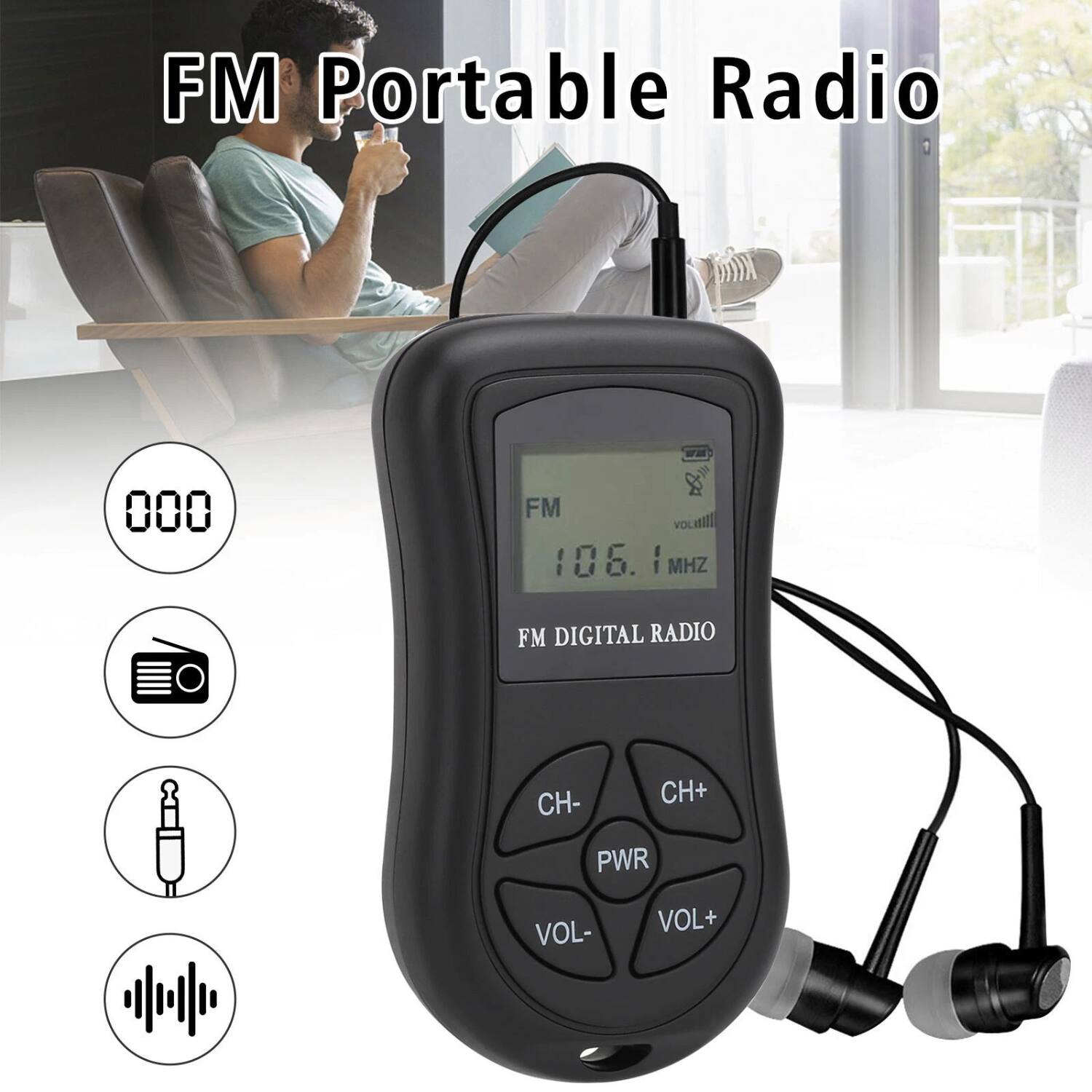 FM Portable Radio

- FM vocaill 106.1 MHz
- FM DIGITAL RADIO
- CH-
- CH+
- PWR
- VOL-
- VOL+