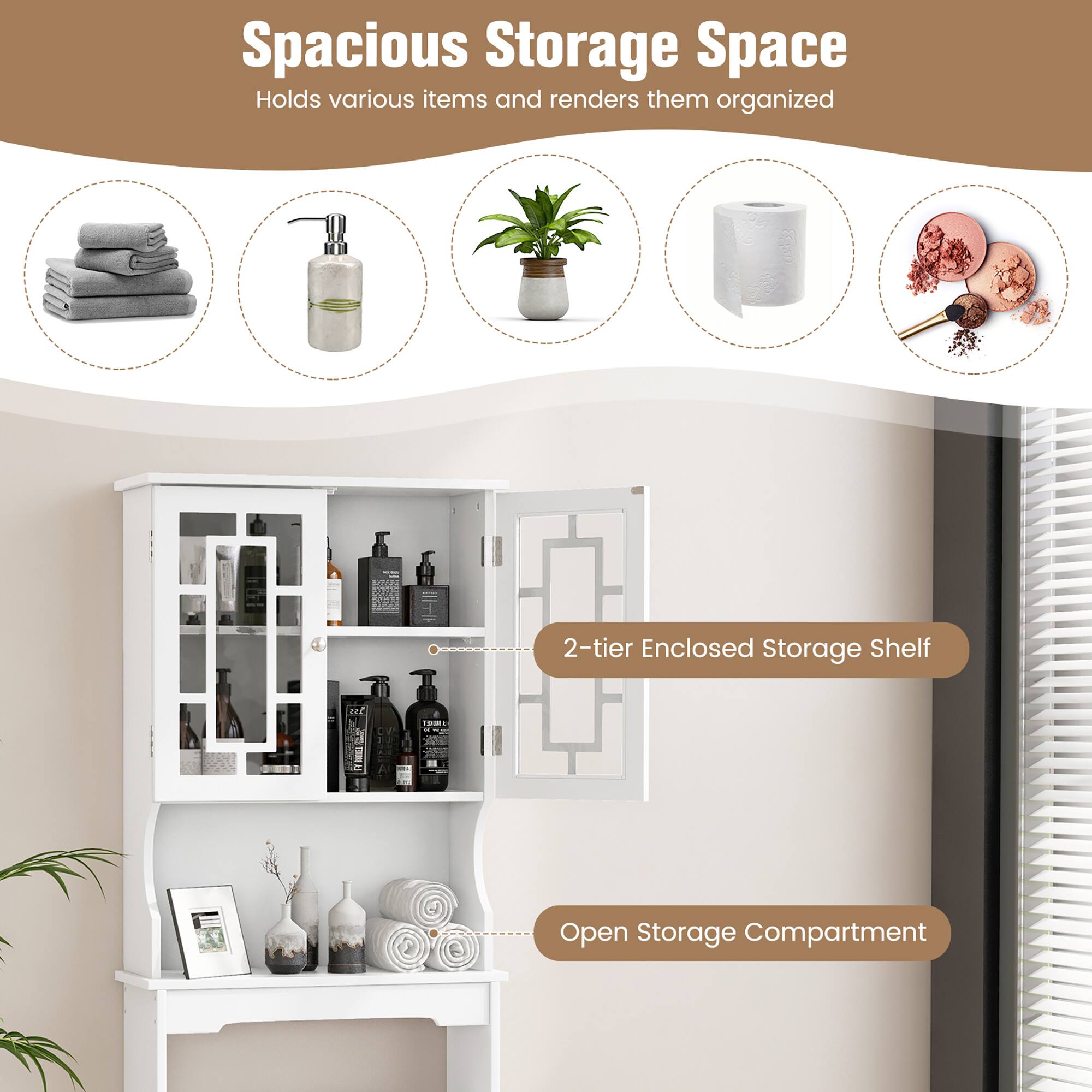 Spacious Storage Space  
Holds various items and renders them organized  

2-tier Enclosed Storage Shelf  

Open Storage Compartment
