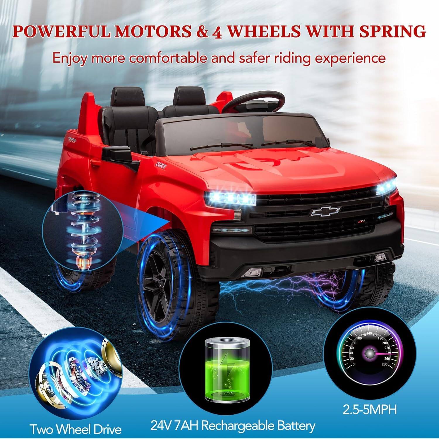 POWERFUL MOTORS & 4 WHEELS WITH SPRING  
Enjoy more comfortable and safer riding experience  

EZ C 0 130 100 60 to 200 de 225 io J0 200 a 8  

Two Wheel Drive  
2.5-5MPH  
24V 7AH Rechargeable Battery