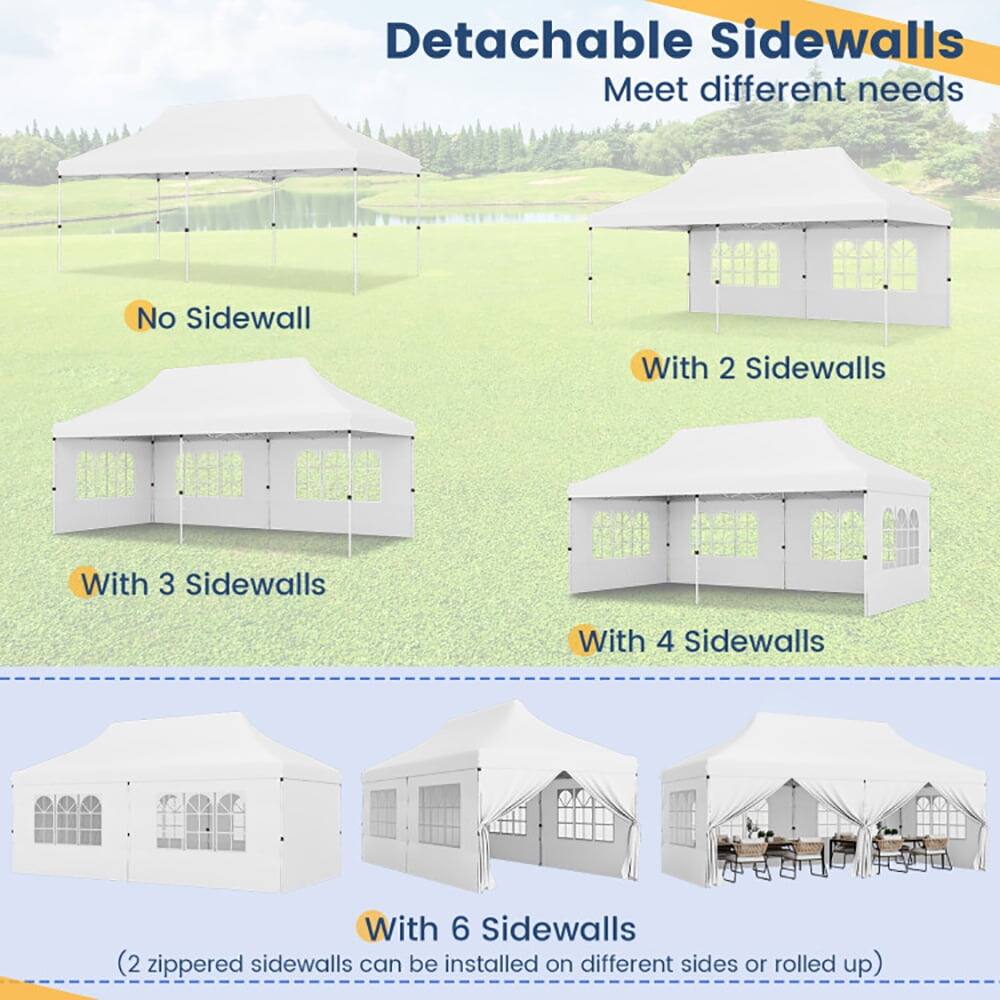 Detachable Sidewalls  
Meet different needs  

- No Sidewall  
- With 2 Sidewalls  
- With 3 Sidewalls  
- With 4 Sidewalls  
- With 6 Sidewalls (2 zippered sidewalls can be installed on different sides or rolled up)