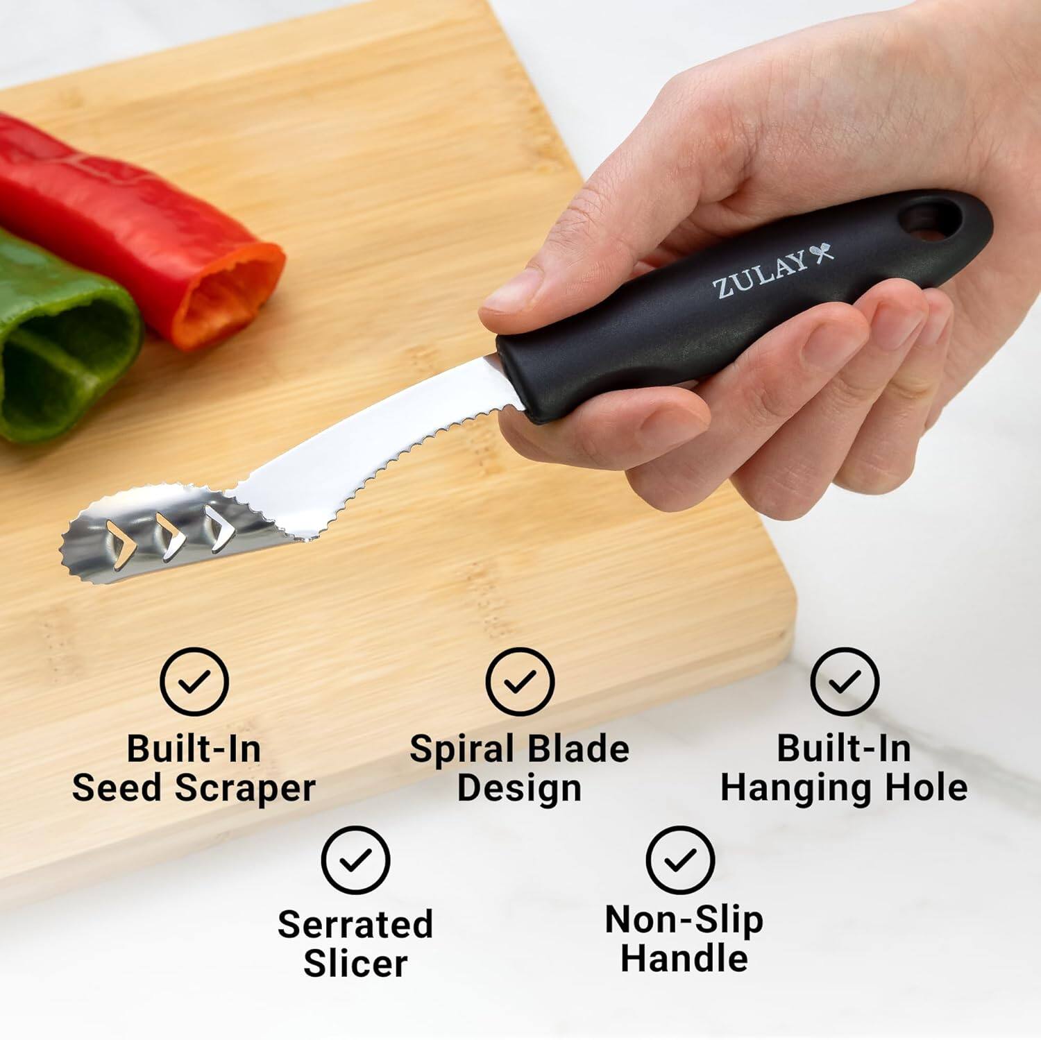 ZULAY Built-In Seed Scraper Spiral Blade Design Built-In Hanging Hole Serrated Slicer Non-Slip Handle