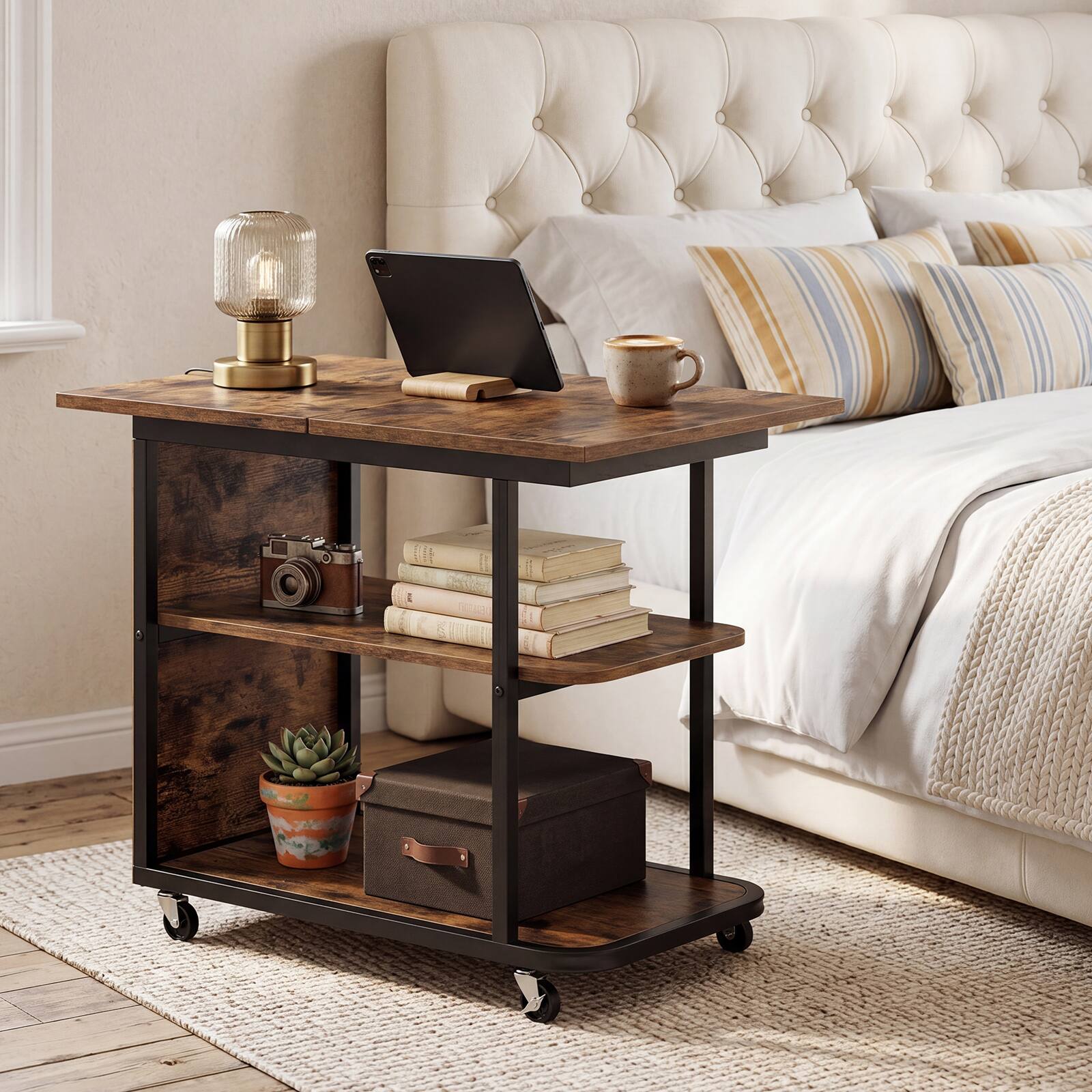 Alt View 1. Costway - Costway 1 PCS Sofa Side Table, Mobile Night Stand with Foldable Swivel Top, 2-Tier Shelf - Rustic Brown & Black.