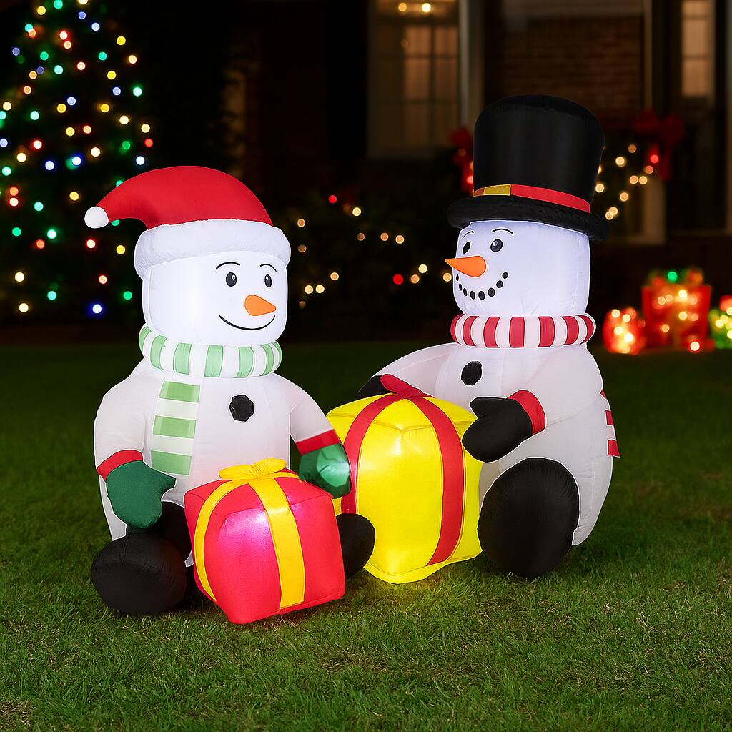 Angle. BreeBe - Christmas Inflatable 5 Foot Double Snowman with Gifts for Lawn Display - Multicolor.
