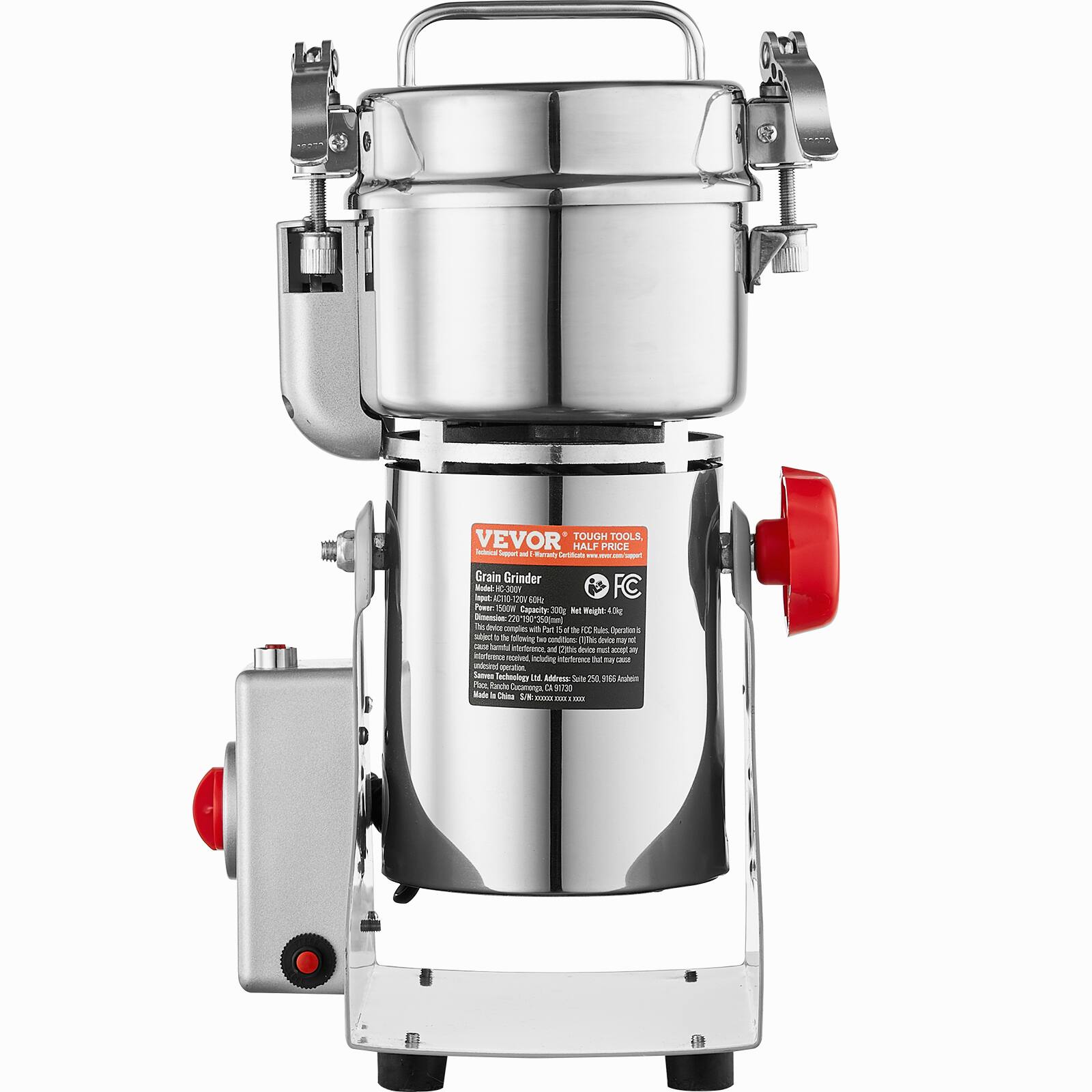 VEVOR TOUGH TOOLS  
Grain Grinder  
Model: HC-3000  
Power: 1500W/220V  
Capacity: 20L  
Weight: 40kg  
CE, FC  
Address: Suite 200, 2996 Adams Ave, San Diego, CA 92110  
Made in China  
510-510-5100