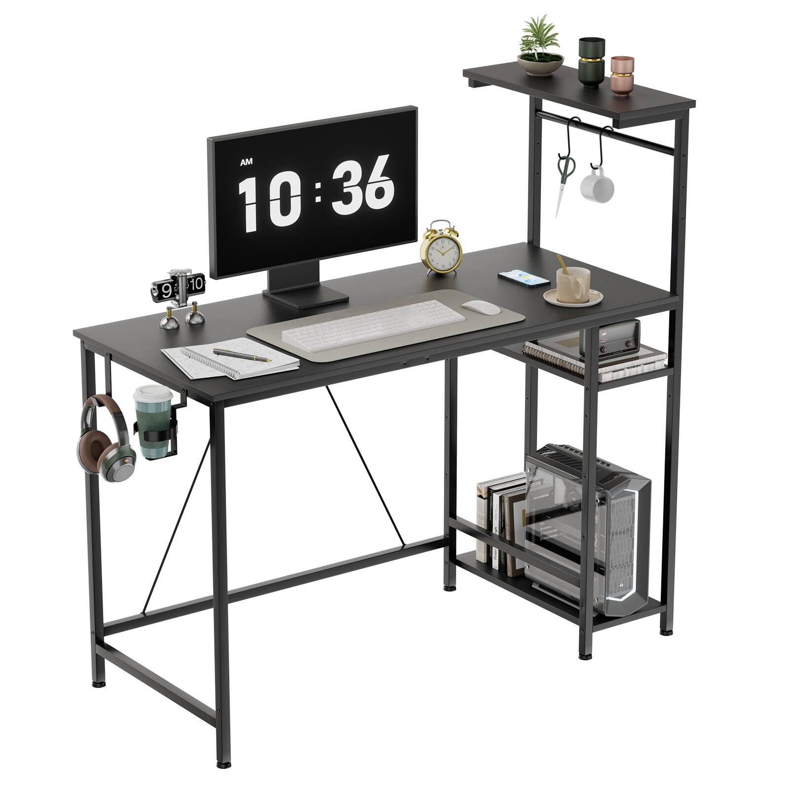 CloudRest Pro - RGB Office Desk Reversible Executive Desk with LED Lights,Hooks and Cup Holder - Black-007
