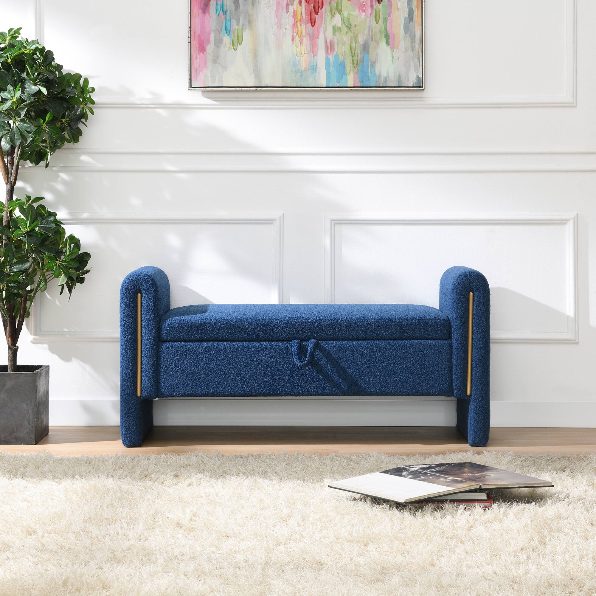 GOODSILO - Modern Upholstered Storage Bench with Arms, Large Foot Rest Stool for Living Room and Bedroom - Navy Blue