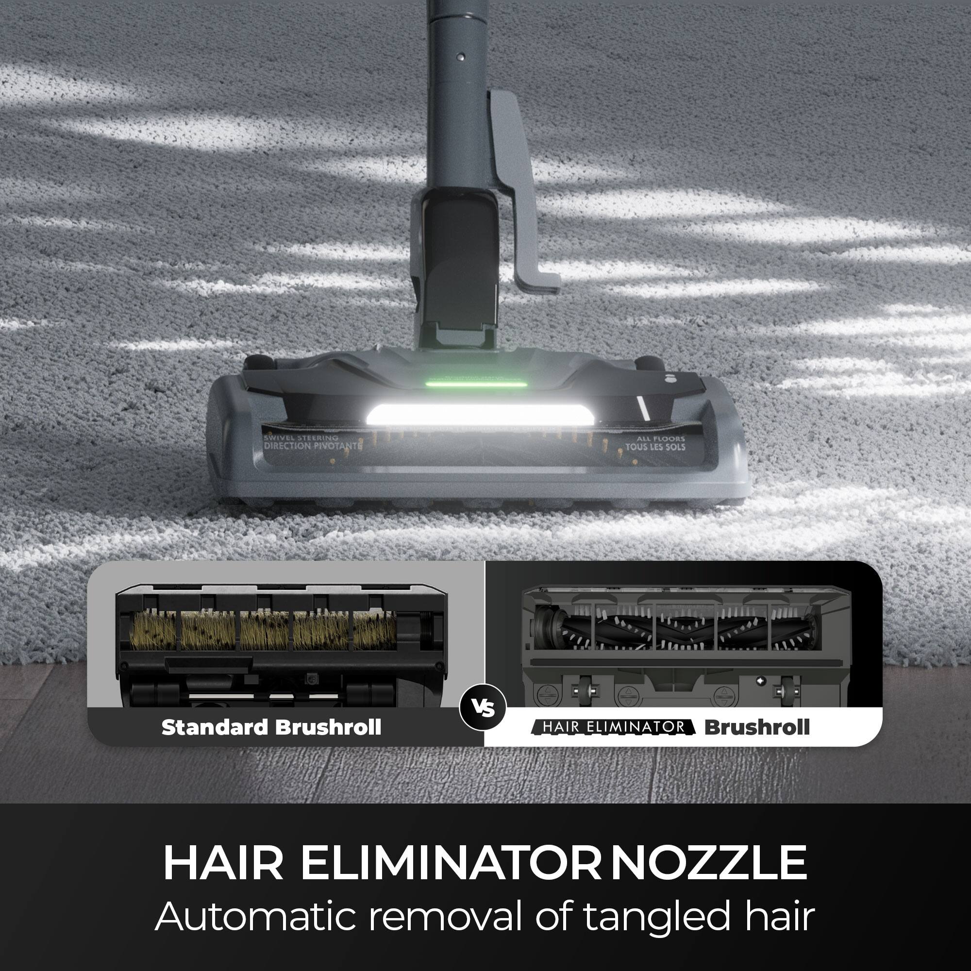 SWIVEL STEERING DIRECTION PIVOTANTE  
ALL FLOORS TOUS LES SOLS  
Standard Brushroll  
VS  
HAIR ELIMINATOR Brushroll  
HAIR ELIMINATOR NOZZLE  
Automatic removal of tangled hair