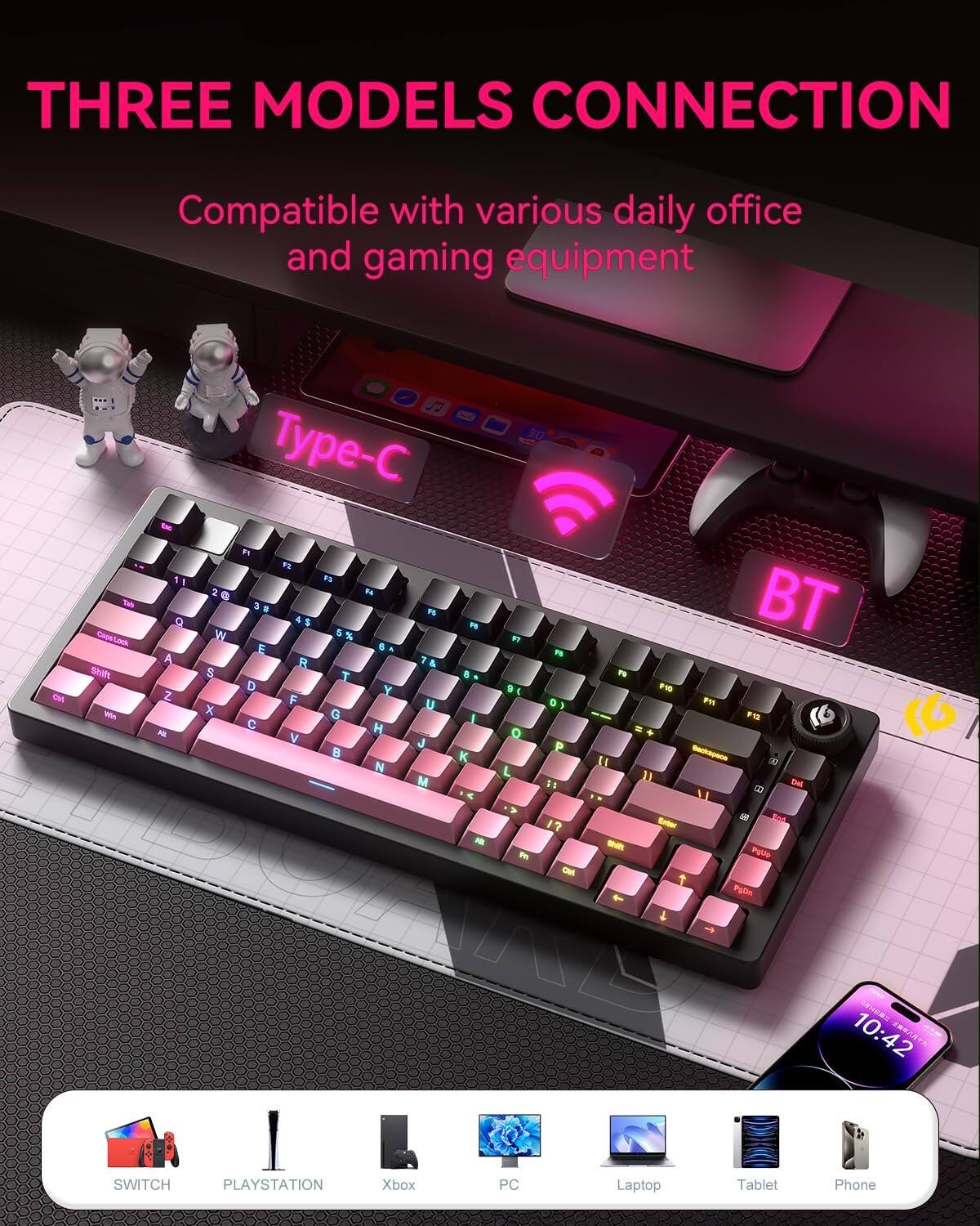THREE MODELS CONNECTION  
Compatible with various daily office and gaming equipment  

Type-C  
BT  

SWITCH  
PLAYSTATION  
Xbox  
PC  
Laptop  
Tablet  
Phone