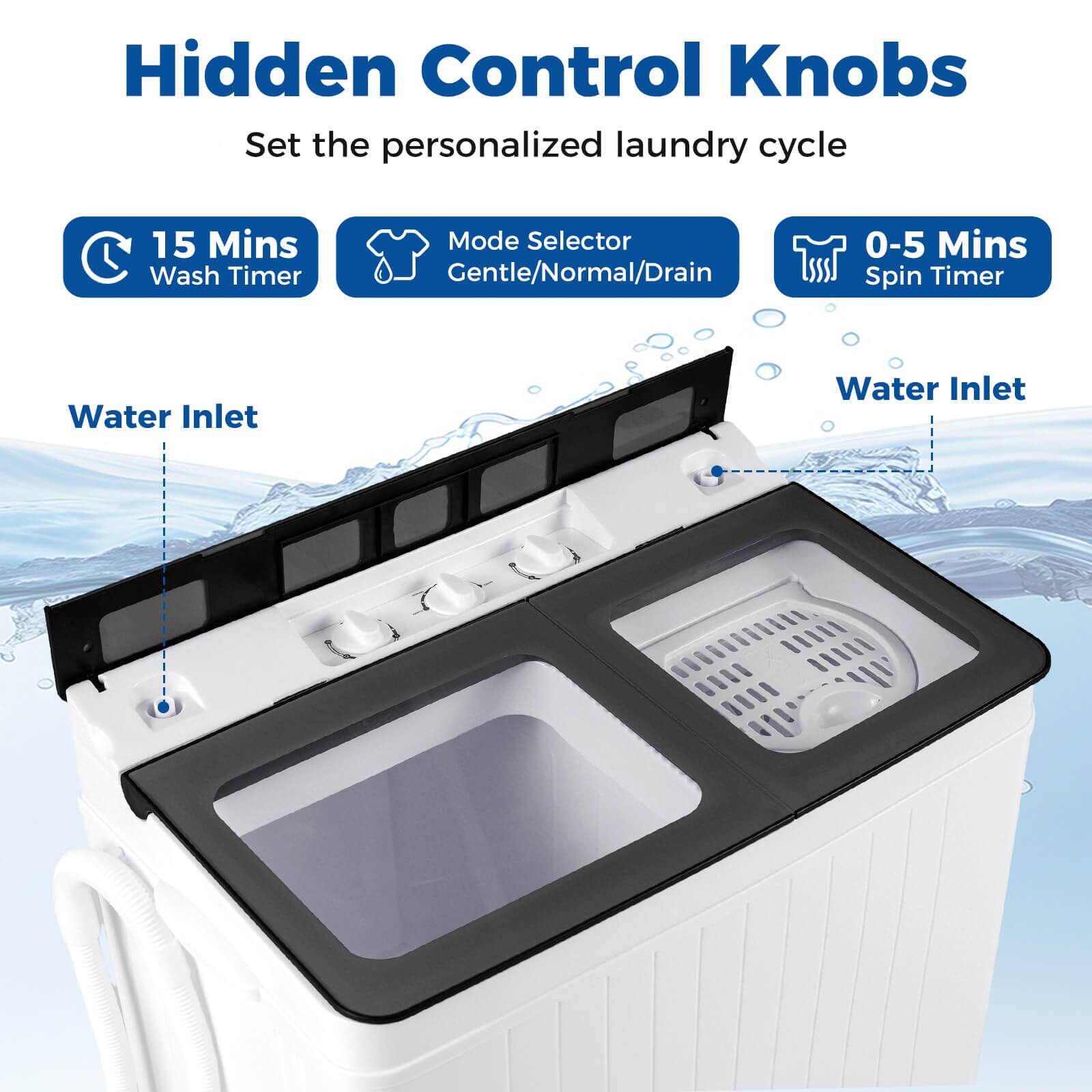 Hidden Control Knobs  
Set the personalized laundry cycle  

- 15 Mins Wash Timer  
- Mode Selector Gentle/Normal/Drain  
- 0-5 Mins Spin Timer  

Water Inlet
