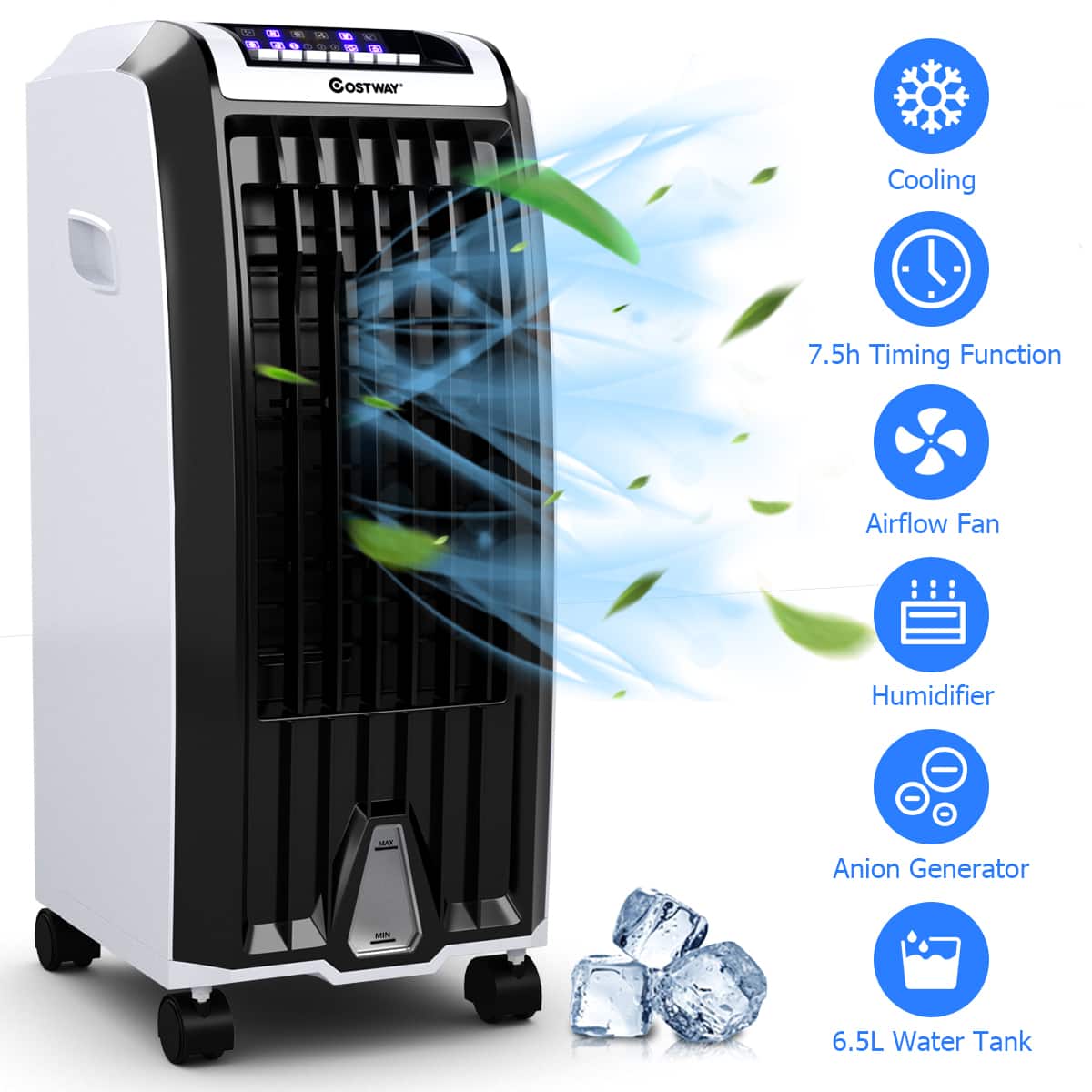 The text on the image reads: "OSTWAY Cooling 7.5h Timing Function Airflow Fan Humidifier Anion Generator 6.5L Water Tank."