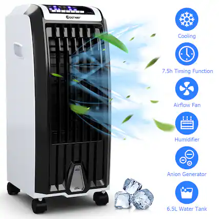 The text on the image reads: "OSTWAY Cooling 7.5h Timing Function Airflow Fan Humidifier Anion Generator 6.5L Water Tank."