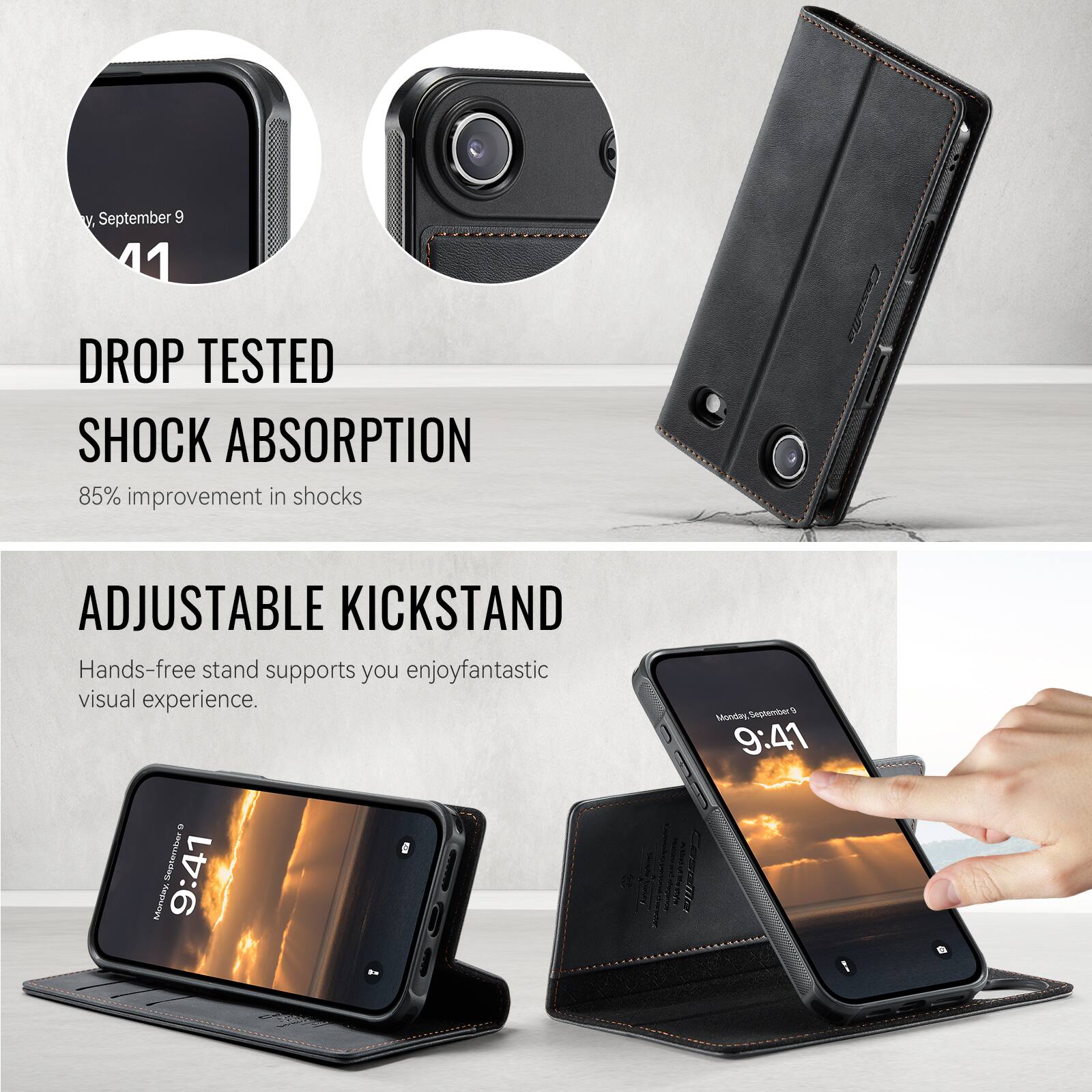 V. September 9 41 DROP TESTED SHOCK ABSORPTION 85% improvement in shocks ADJUSTABLE KICKSTAND Hands-free stand supports you enjoy fantastic visual experience.