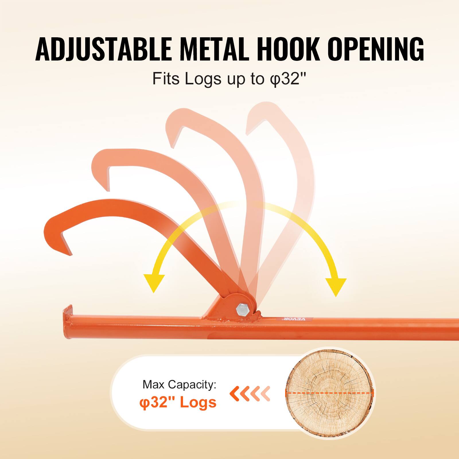 ADJUSTABLE METAL HOOK OPENING  
Fits Logs up to Ø32"  

Max Capacity: Ø32" Logs