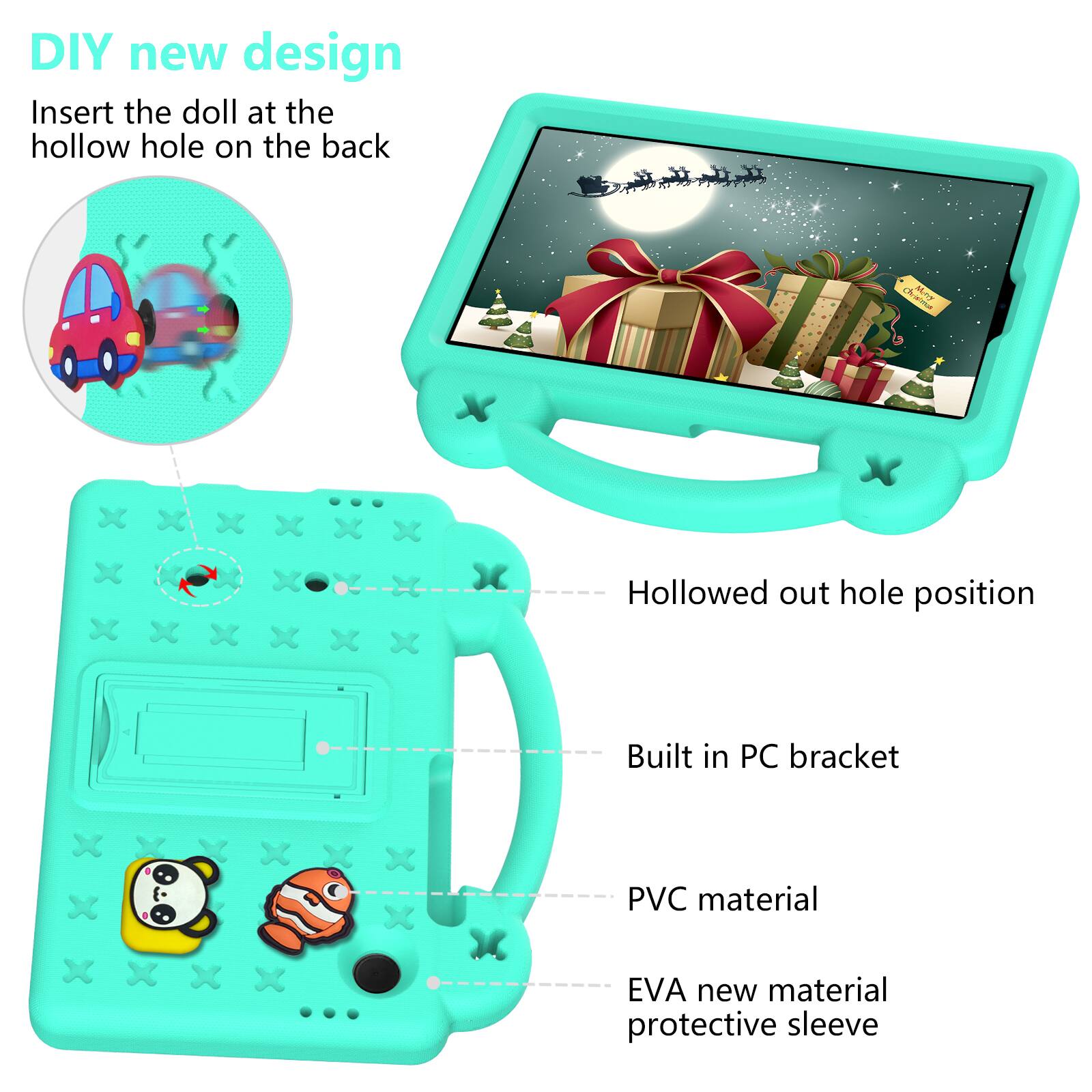 DIY new design  
Insert the doll at the hollow hole on the back  

- Hollowed out hole position  
- Built in PC bracket  
- PVC material  
- EVA new material protective sleeve