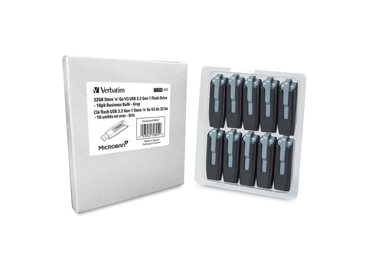 Verbatim 71244 888 Store 'n' Go V3 USB 3.2 Gen 1 Flash Drive 32GB - 10pk Business Bulk Gray  
"n' Go V3 de 32 Go flash USB 3.2 Gen 1 Store Cl units en vrac Gris 10  
Verbatim870804 CARPEC 70894 : 1  
Made in Taiwan  
Fabriqué à Taiwan  
MICROBAN