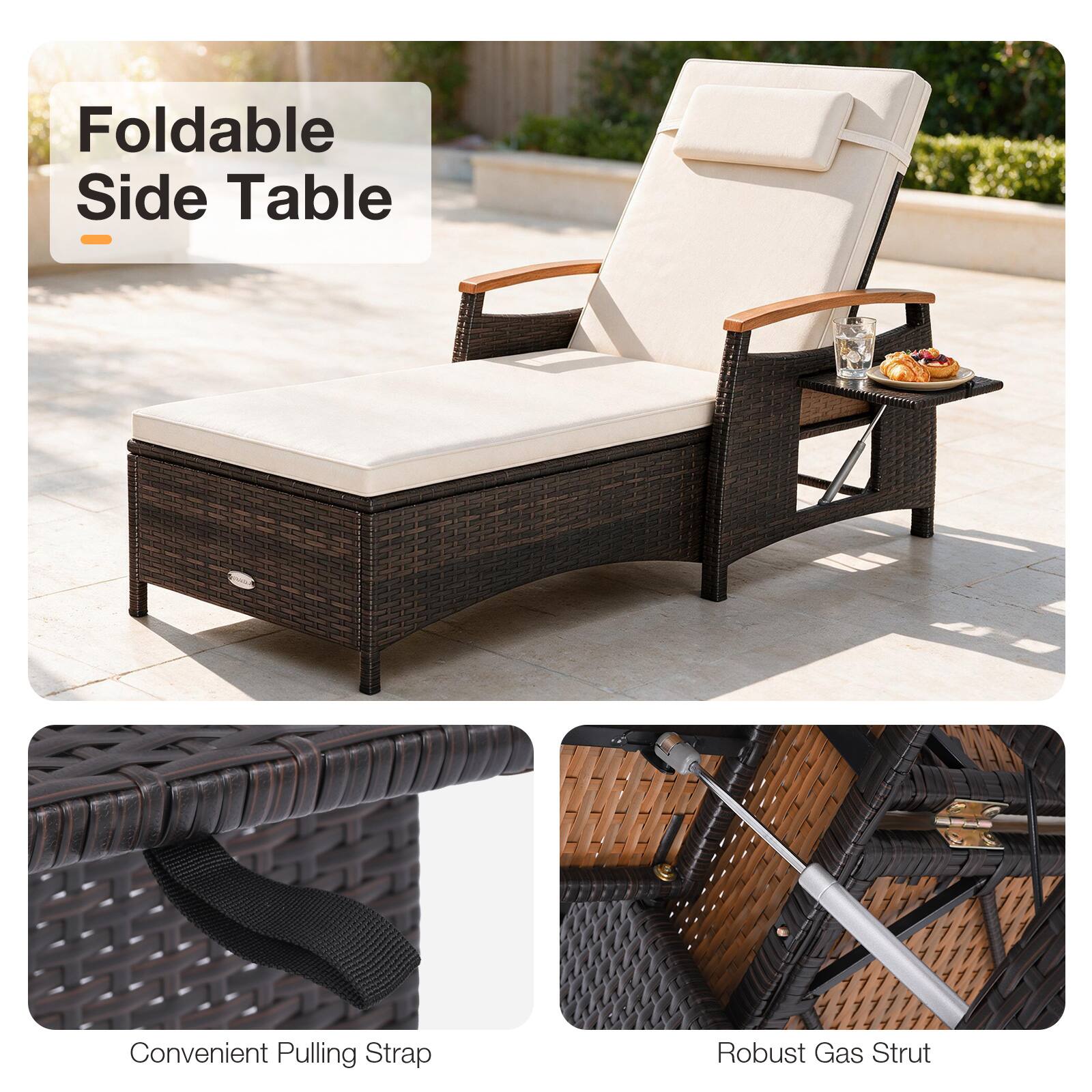 Foldable Side Table  
Convenient Pulling Strap  
Robust Gas Strut
