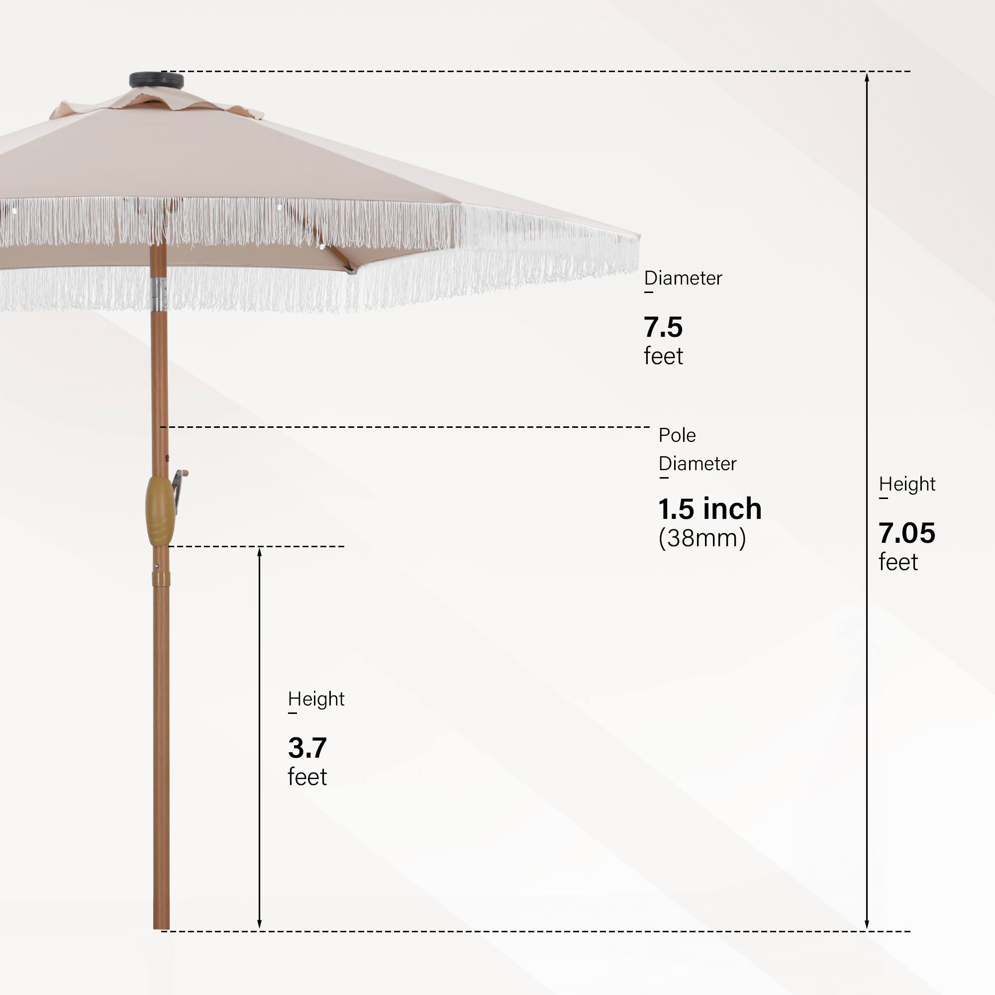 The image shows a large umbrella with a pole diameter of 1.5 inches (38mm) and a diameter of 7.5 feet. The umbrella's height is 7.05 feet, and it has a height of 3.7 feet.
