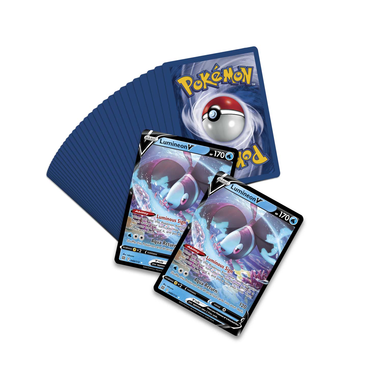 Pokémon TM Basic Lumineon - 170  
Lumineon V  
Ability: Luminous Sign  
When Lumineon V is your Active Pokémon, if it has any Energy attached to it, you may return all Energy attached to it to your hand.  
Aqua Return  
Shuffle this Pokémon and all attached cards into your deck.  
120  
170