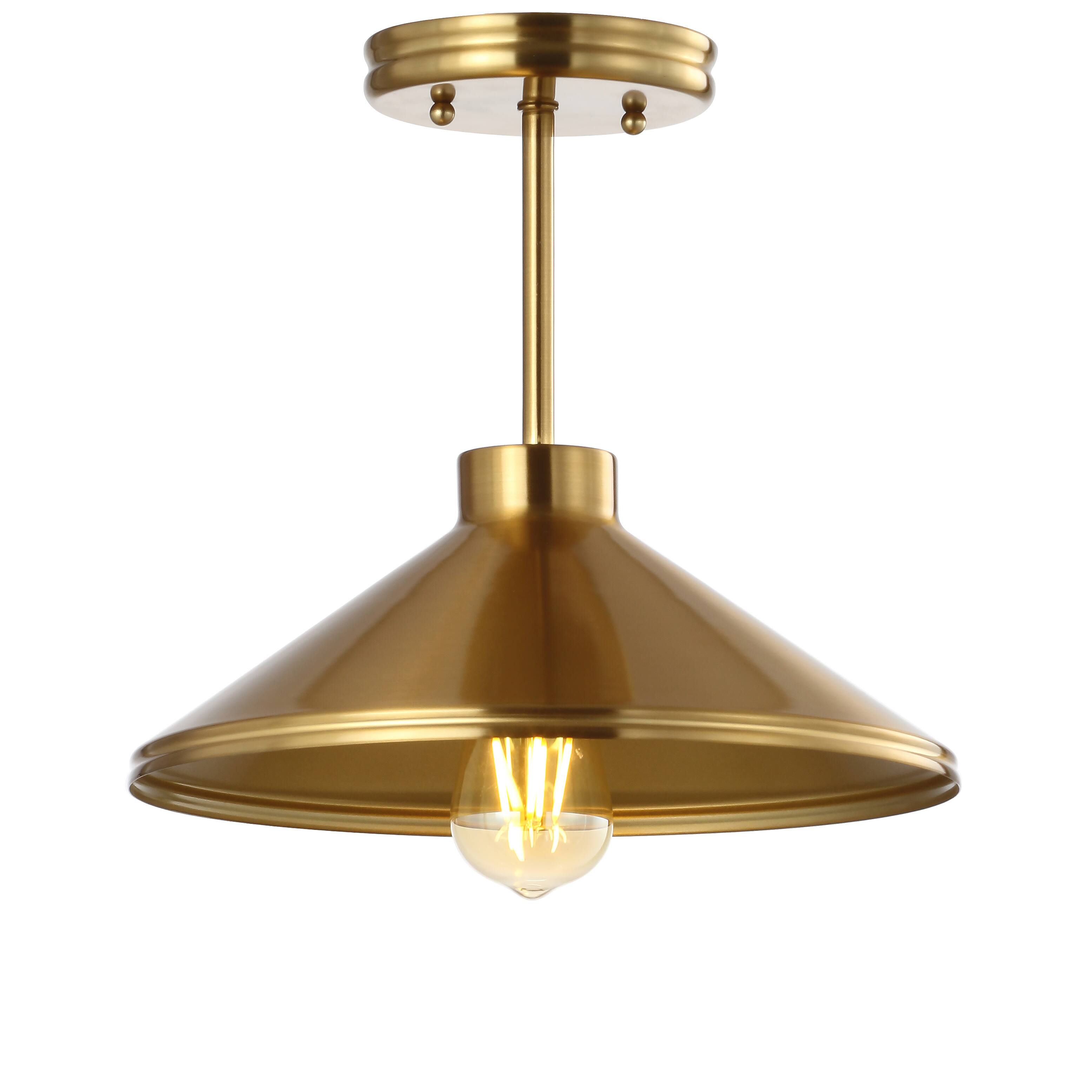 Front. Jonathan Y - Cisco 11.75" Iron Modern Farmhouse LED Semi Flush Mount, Brass Gold - Brass Gold.