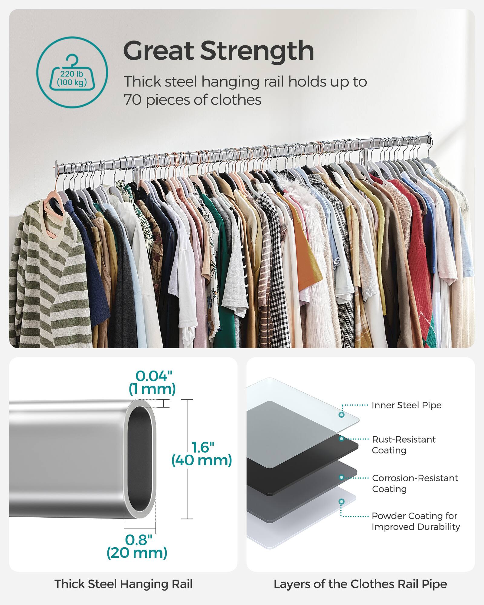 220 lb (100 kg) Great Strength Thick steel hanging rail holds up to 70 pieces of clothes

0.04" (1 mm) Inner Steel Pipe

1.6" (40 mm) Rust-Resistant Coating

Corrosion-Resistant Coating

0.8" (20 mm) Powder Coating for Improved Durability

Layers of the Clothes Rail Pipe