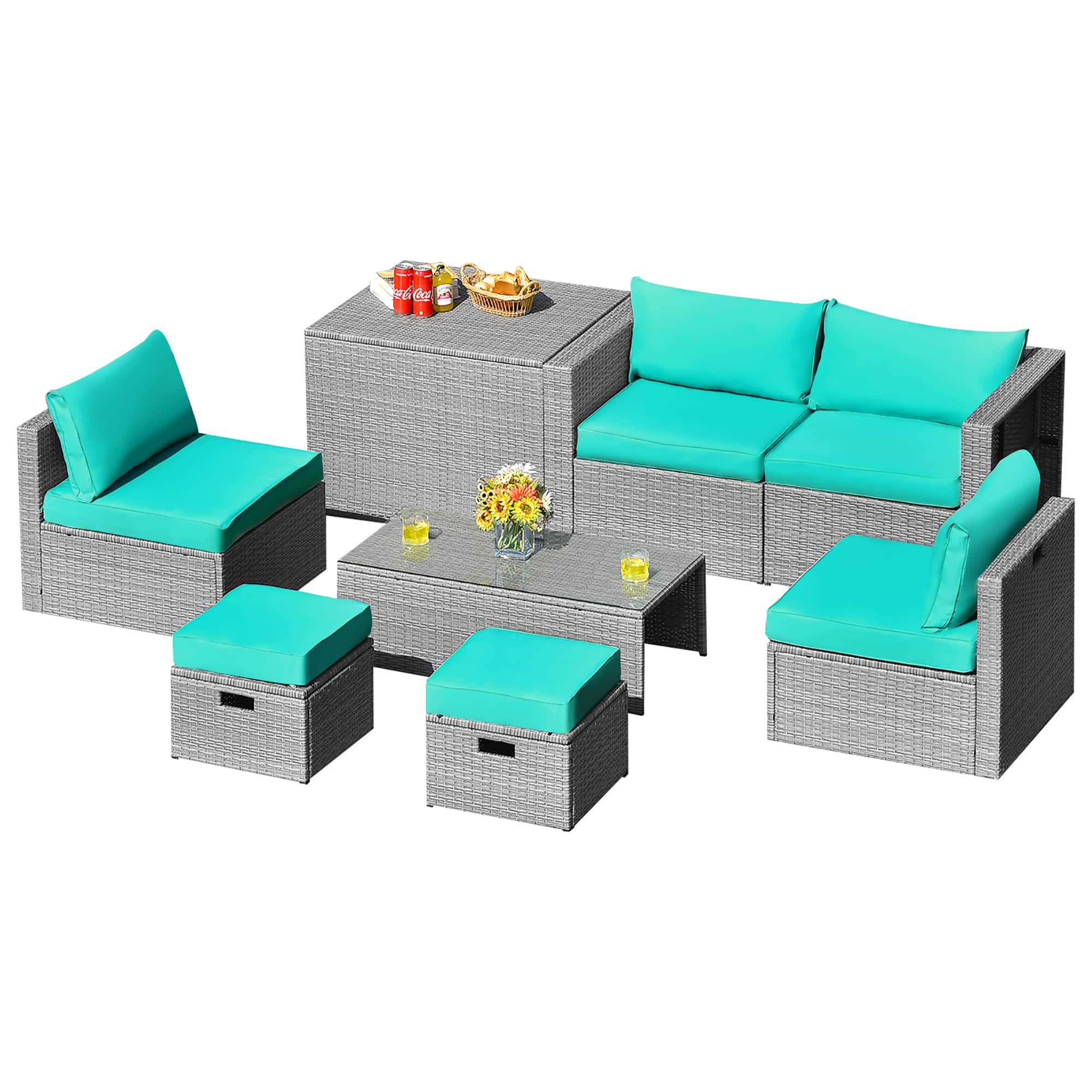 Costway - 8PCS Patio Rattan Furniture Set Storage Waterproof Cover - Turquoise,Grey