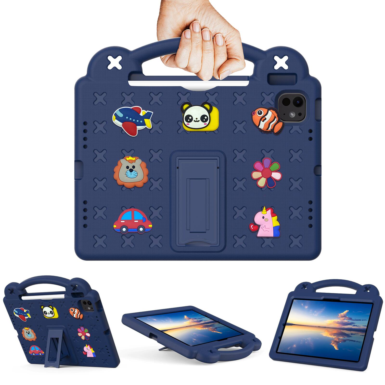 Angle. UUCOVER - Kids Case for iPad Air 11-inch M4 M3 M2 (2026/2025/2024),Shockproof EVA Case Handle Adjustable Stand Cover - Navyblue.