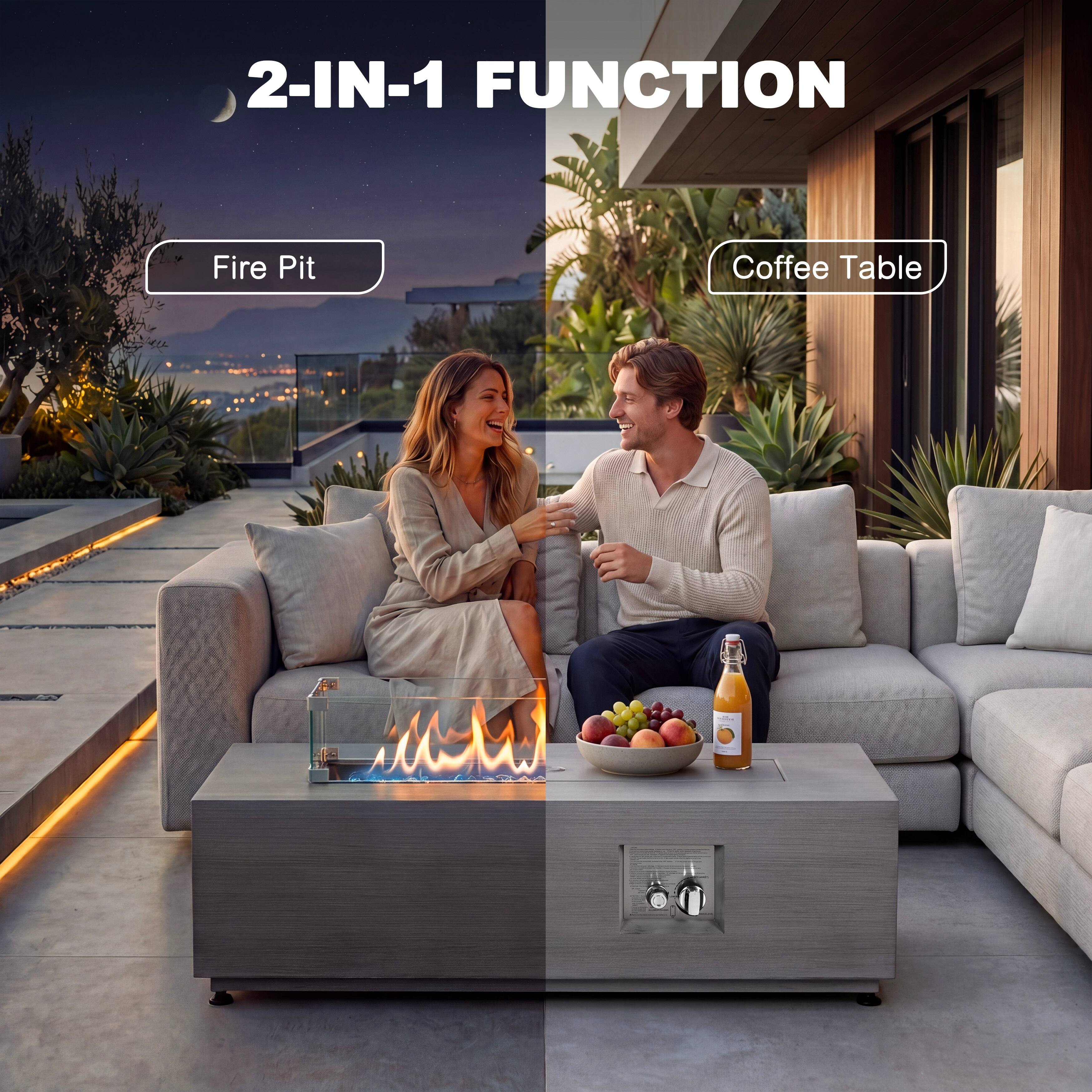 Nuu Garden 42.9 in. Rectangle Metal and Glass Propane Cement Gray Fire ...