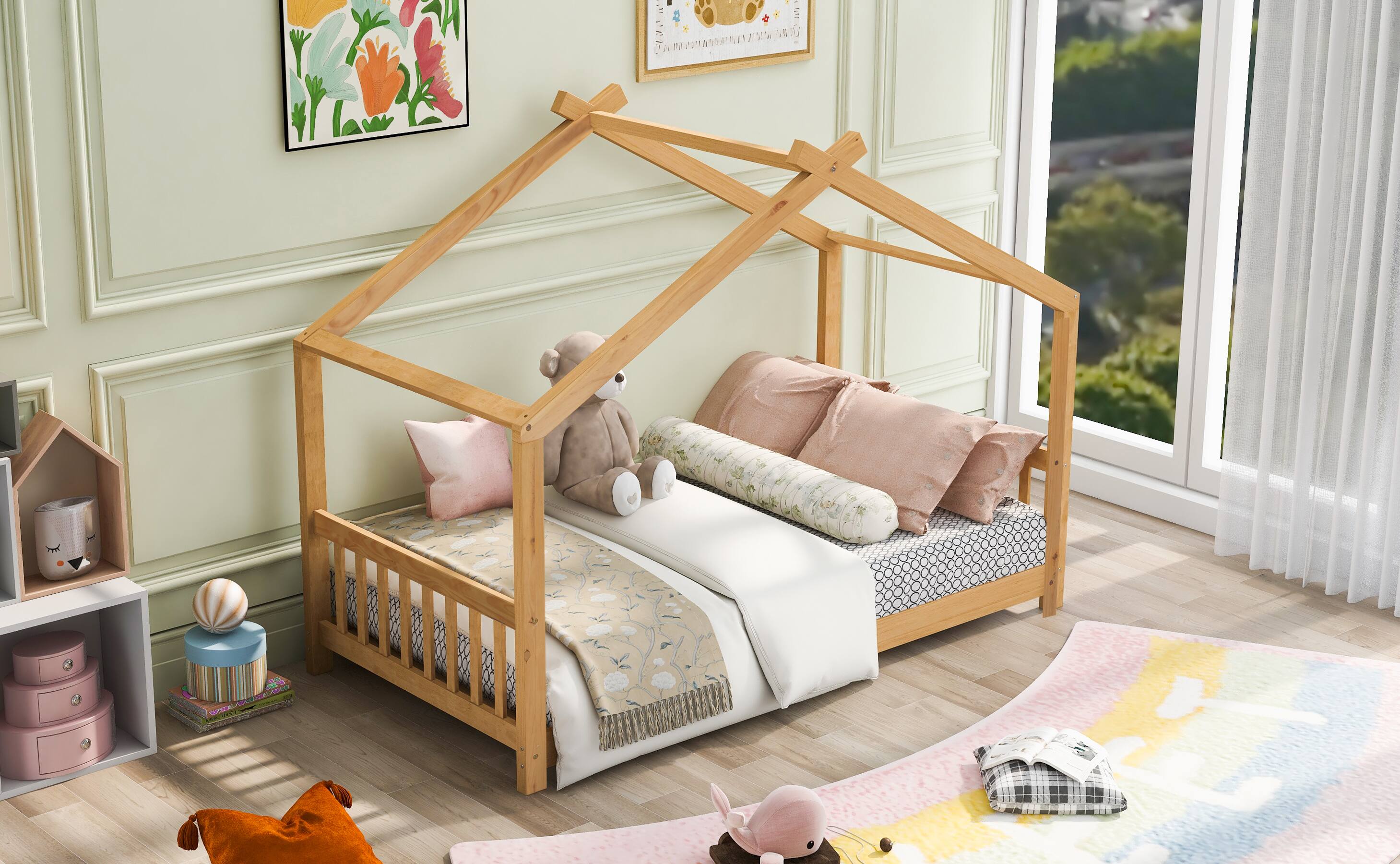 Alt View 6. Spaco - Spaco Twin House Bed with Roof Headboard, Low Platform Design, Solid Pine Wood Frame and Easy Assembly for Kids Room - Natural.