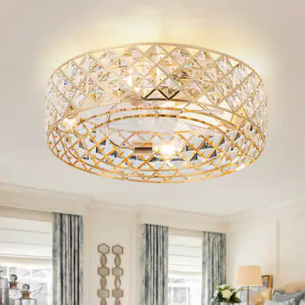 Front. Breezary - 19-Inch Ceiling Fan with Crystal Cage Shade, 7 Transparent ABS Blades, DC Motor, 6-Speed Remote Control, Timer, E26 Base - Gold.