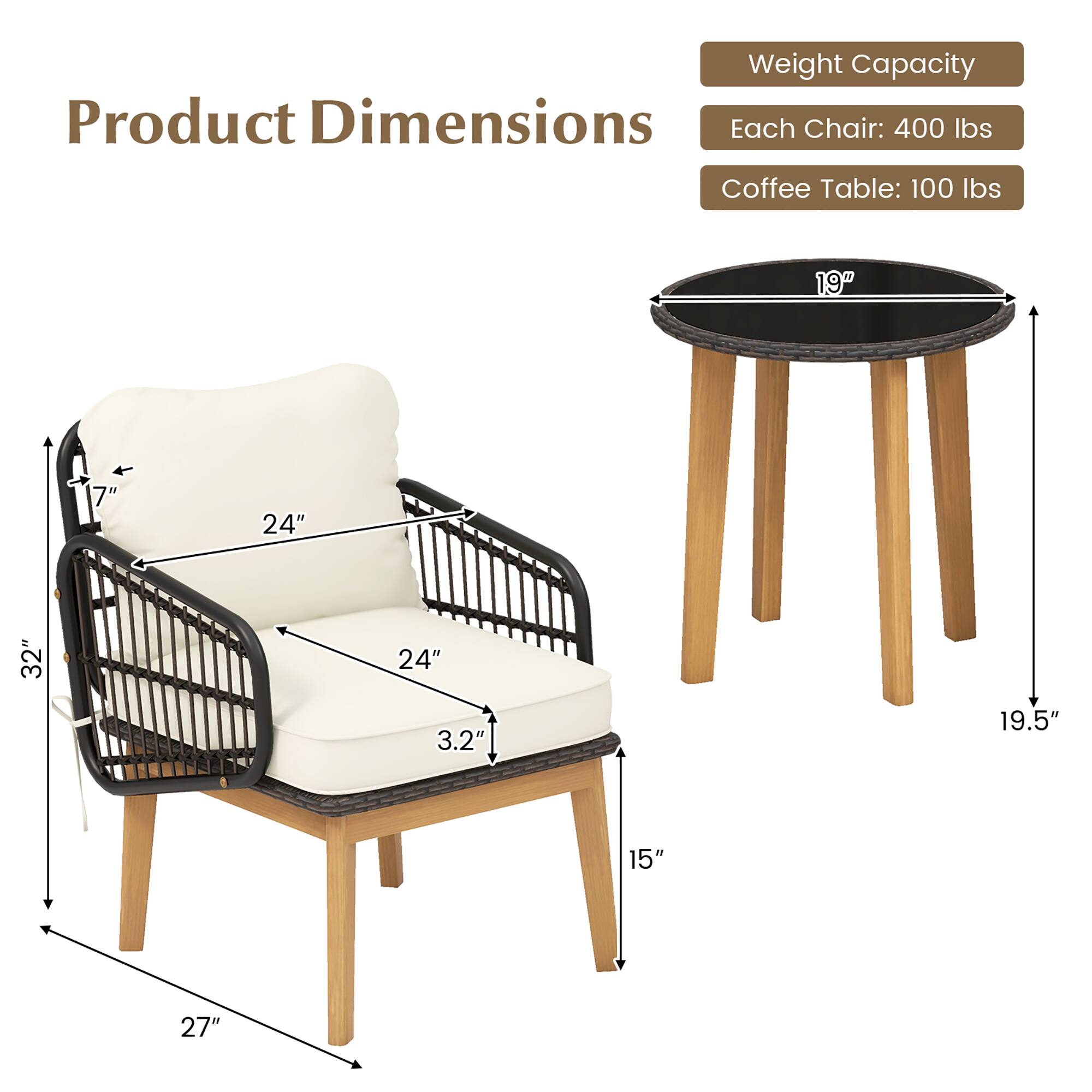 Product Dimensions

Each Chair: 400 lbs
Coffee Table: 100 lbs

19"
7"
24"
32"
24"
3.2"
19.5"
15"
27"
