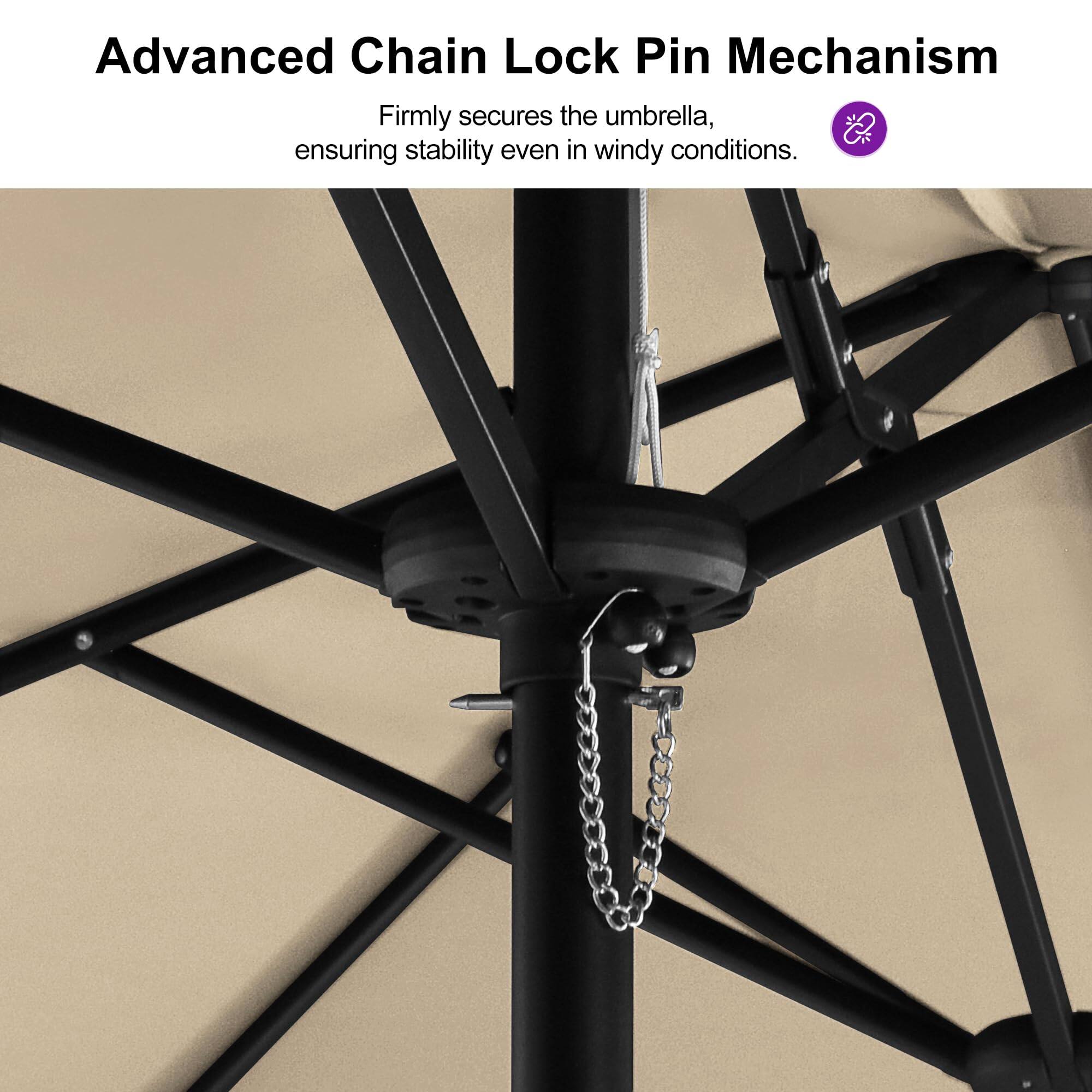 Advanced Chain Lock Pin Mechanism  
Firmly secures the umbrella, ensuring stability even in windy conditions.
