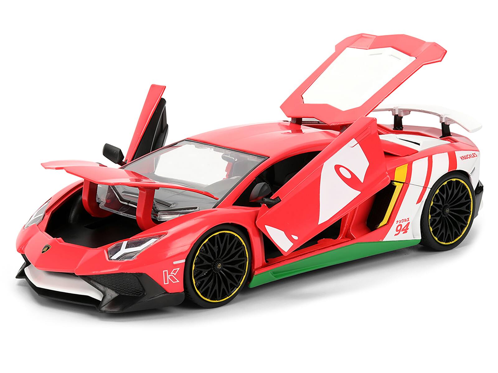 Angle. Jada - Lamborghini Aventador SV Red with Graphics and Knuckles Figure "Sonic The Hedgehog" Franchise "Hollywood Rides" 1/24 - Red .