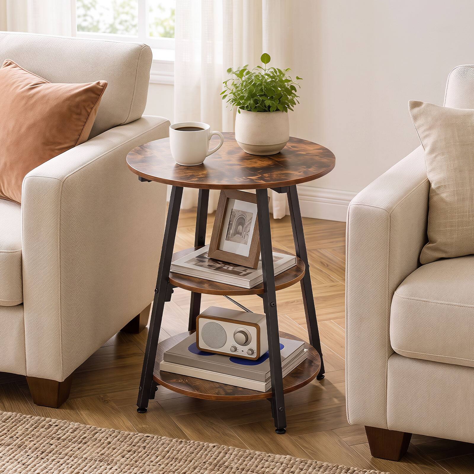 Alt View 4. Costway - Costway 2 PCS Industrial Side Tables with Storage Shelves, 3-Tier End Table with Metal Frame - Rustic Brown & Black.