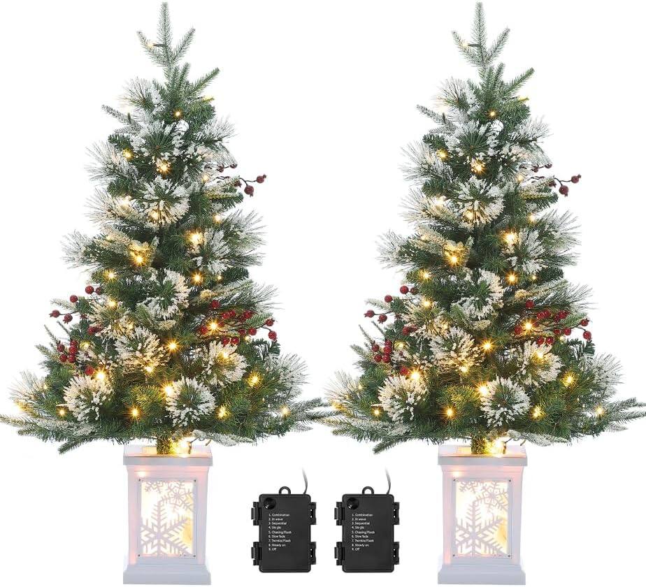 GARVEE - 2 Pack 3FT Prelit Christmas Xmas Tree Flocked Snow 78 Warm White LED Lights 8 Lighting Modes with Snow lightbox Base - Green