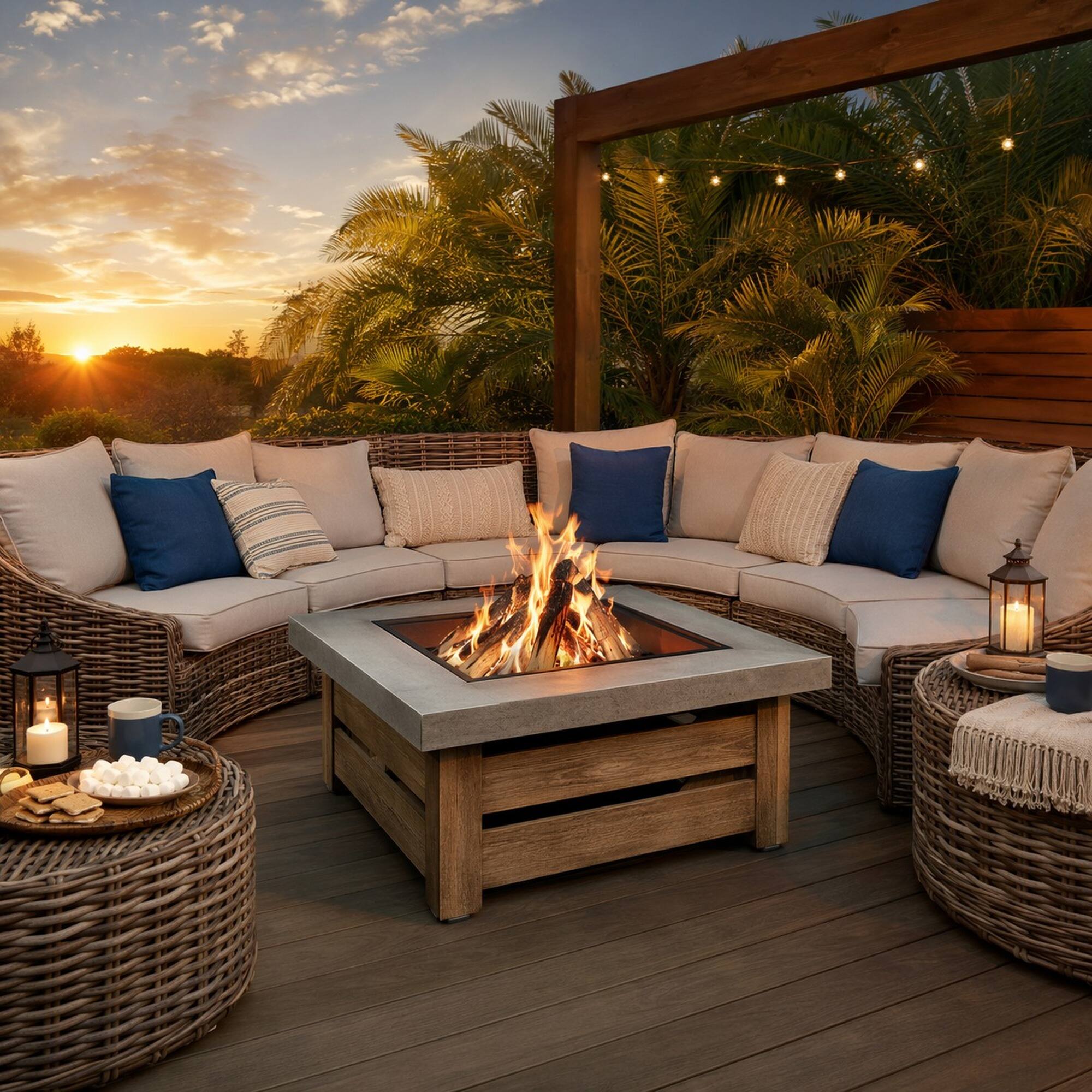 Angle. RYHNUYNE - 34" Square Iron Wood-Burning Fire Pit Table – Outdoor Fireplace with Spark Screen & Poker - Natural Wood.