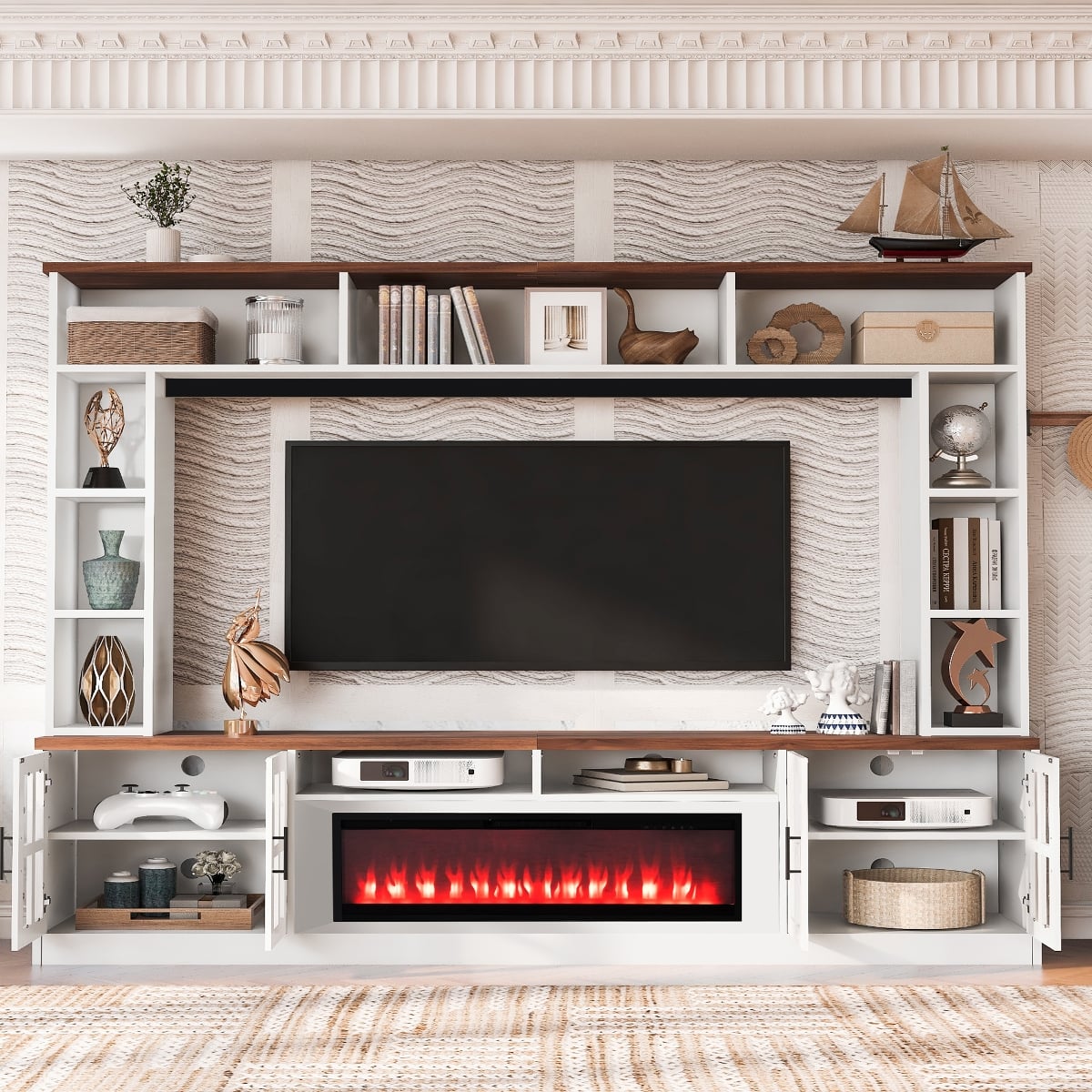 Loheer - 95.5" Entertainment Center for 80 Inch TV with Electric Fireplace, White and Walnut - White+Walnut