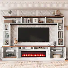 Loheer - 95.5" Entertainment Center for 80 Inch TV with Electric Fireplace, White and Walnut - White+Walnut