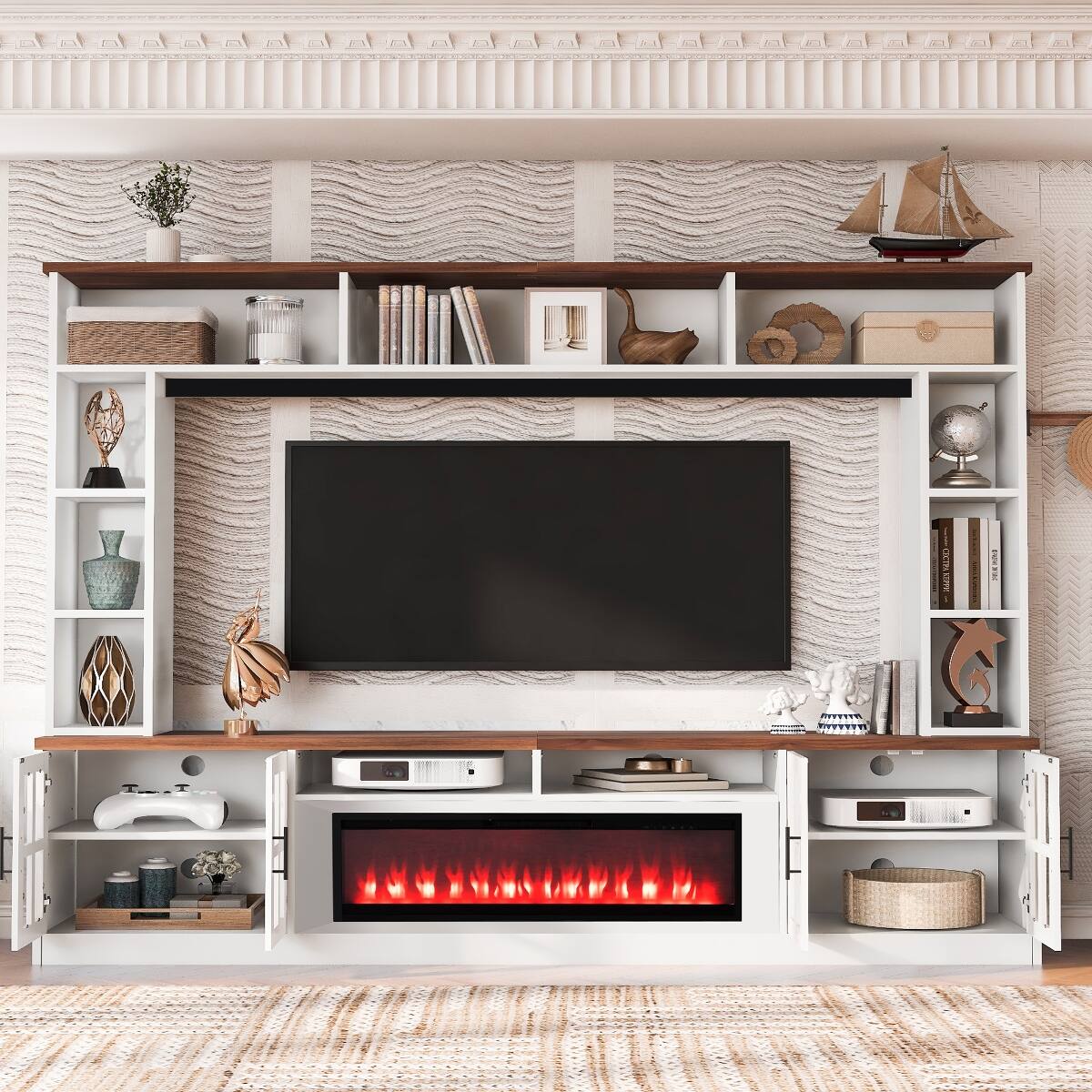 Front. Loheer - Loheer 95.5" Entertainment Center for 80 Inch TV with Electric Fireplace, White and Walnut - White+Walnut.