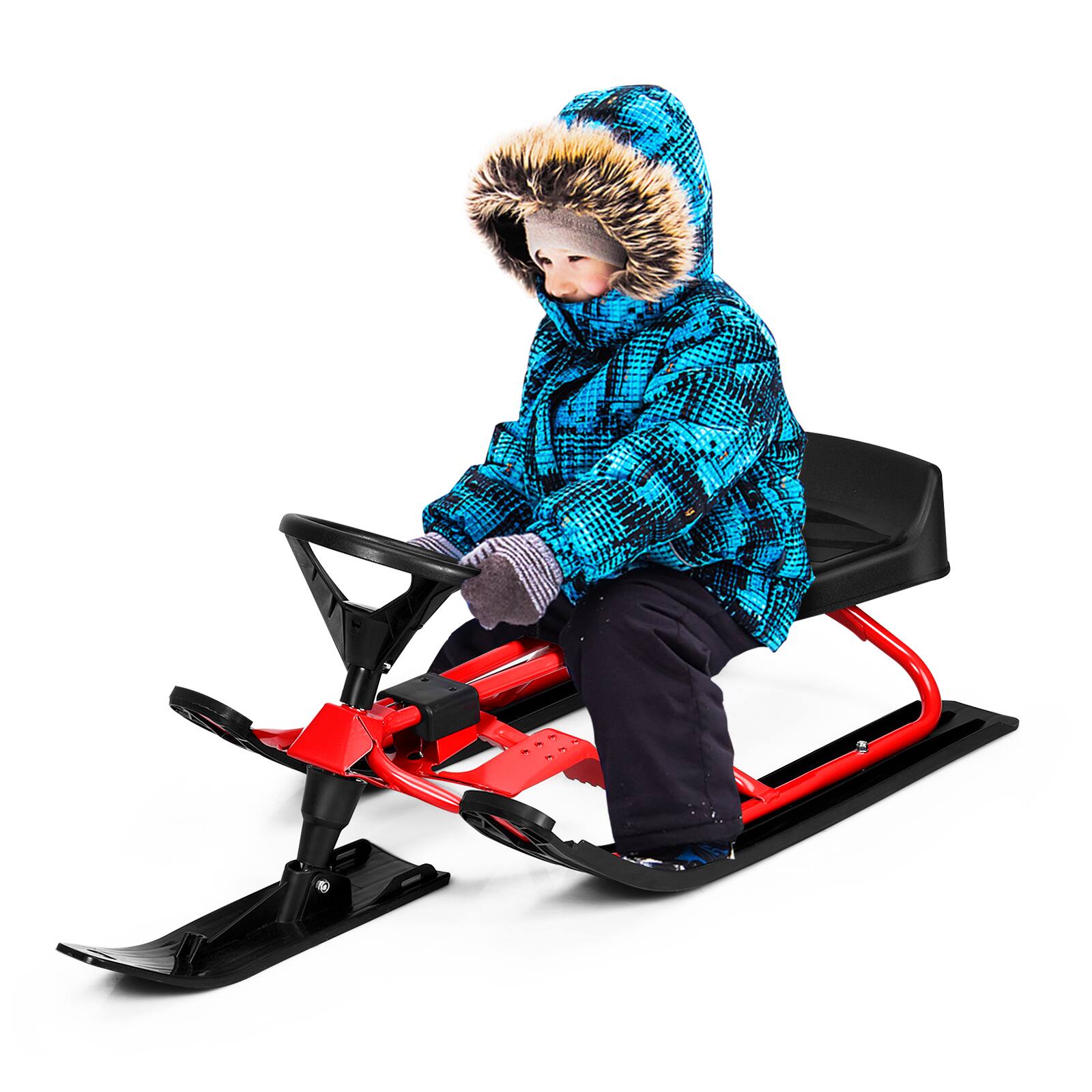 Angle. Costway - Kids Snow Racer Sled Steering Wheel Double Brakes Pull Rope Red - Black+Red.