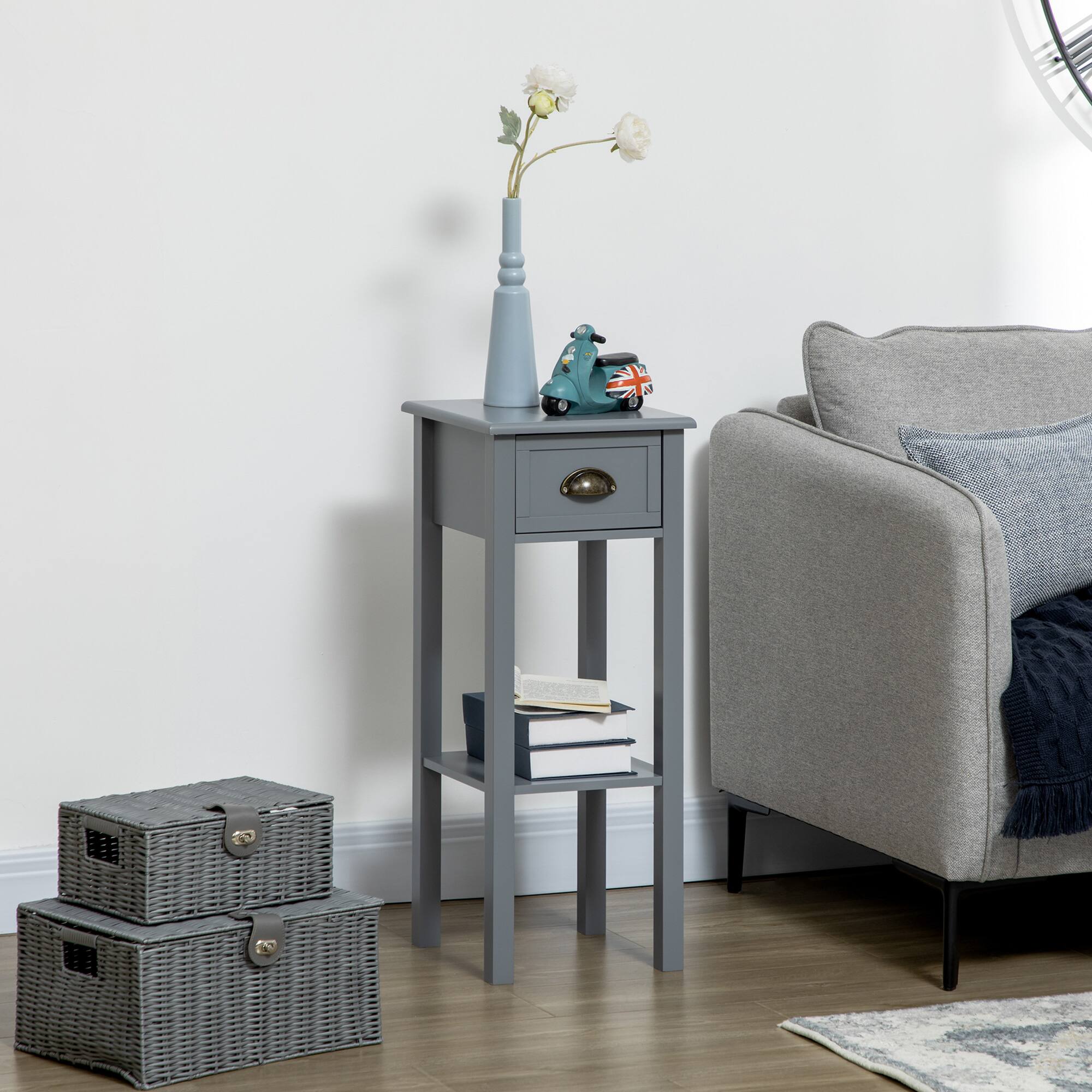 Alt View 2. Homcom - 2-Tier Side Table with Drawer, Narrow End Table with Bottom Shelf, for Living Room, Set of 1 - Grey.